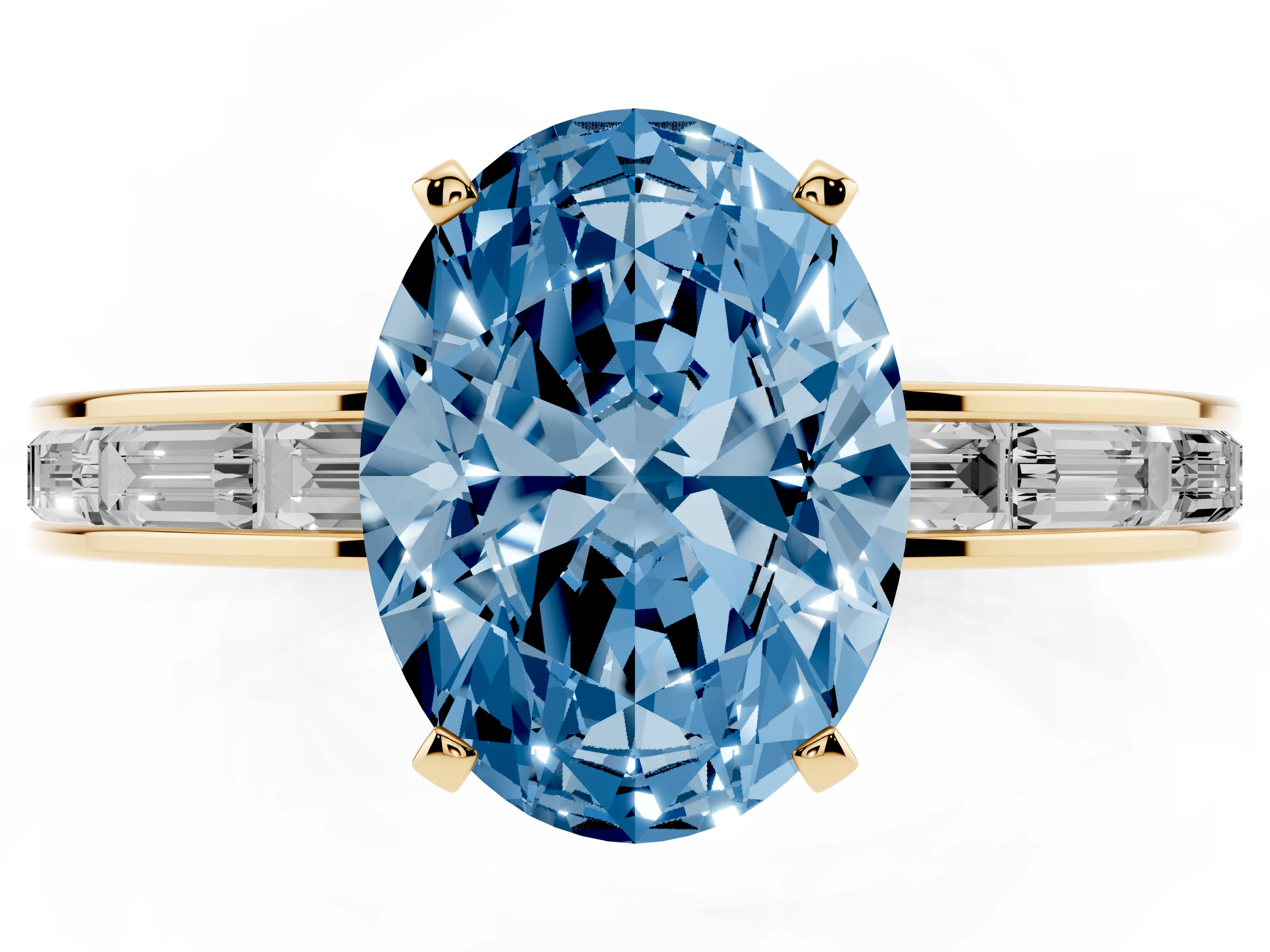 Fancy Blue Oval Cut Diamond Solitaire Ring Set in Yellow gold with Channel-Set Baguette Band and Prong Setting