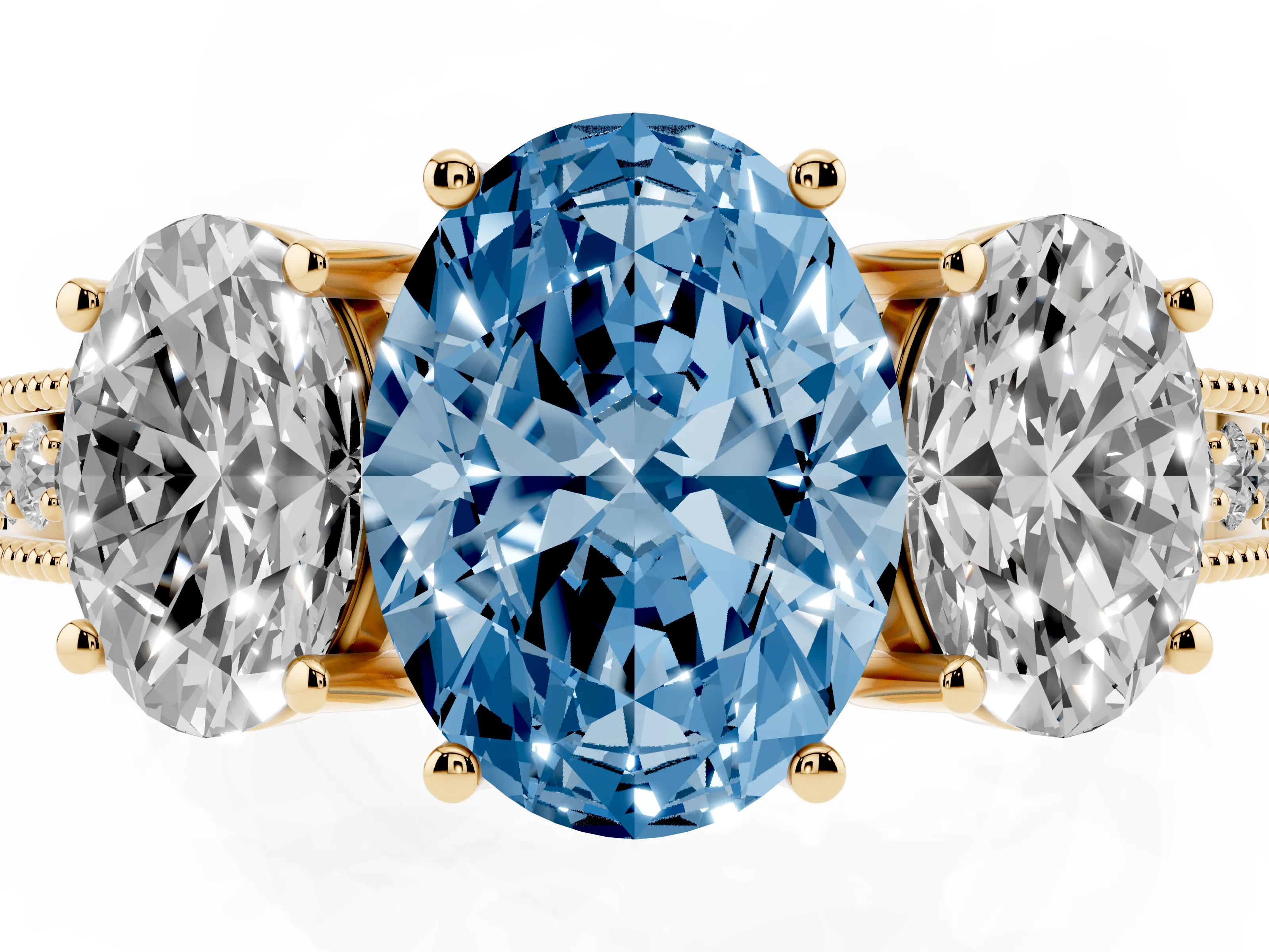 Fancy Blue Oval Cut Diamond Three-Stone Engagement Ring Set in Yellow gold with Milgrain Pavé Band