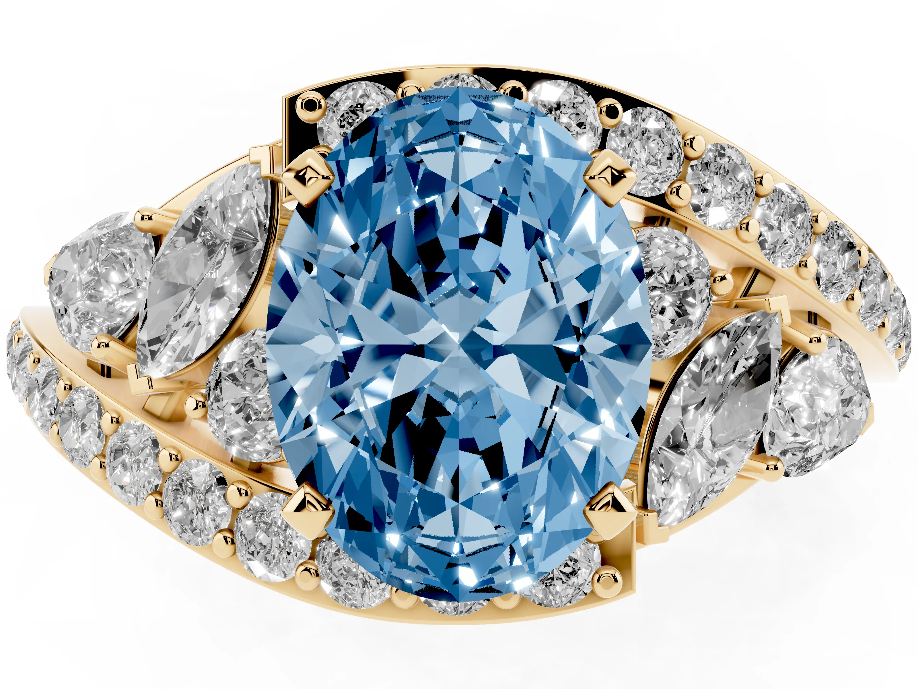 Fancy Blue Oval Cut Diamond Halo Ring Set in Yellow gold with Marquise and Pavé Band in Prong Setting