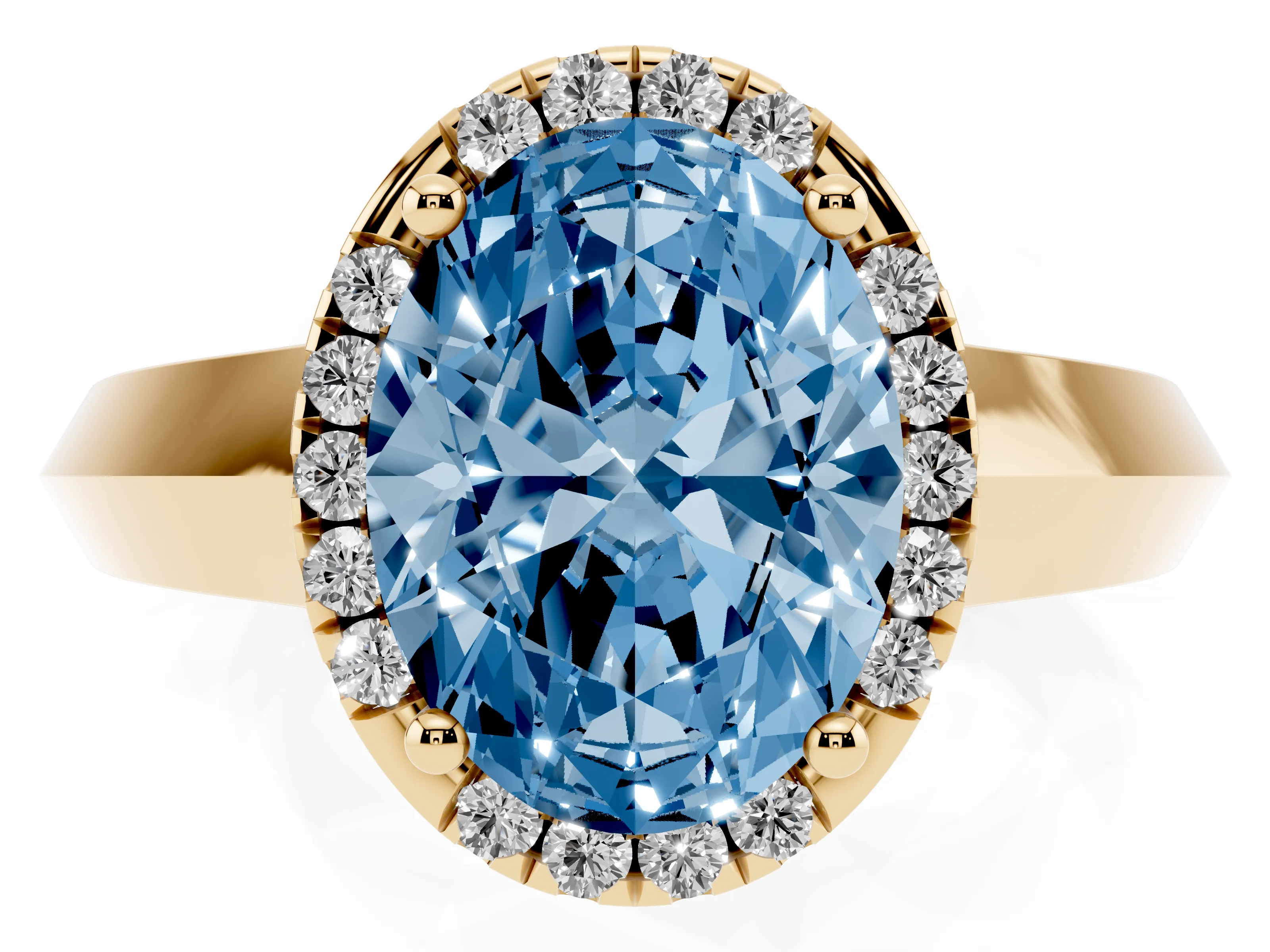 Fancy Blue Oval Cut Diamond Halo Ring Set in Yellow gold with Cathedral Band and Prong Setting