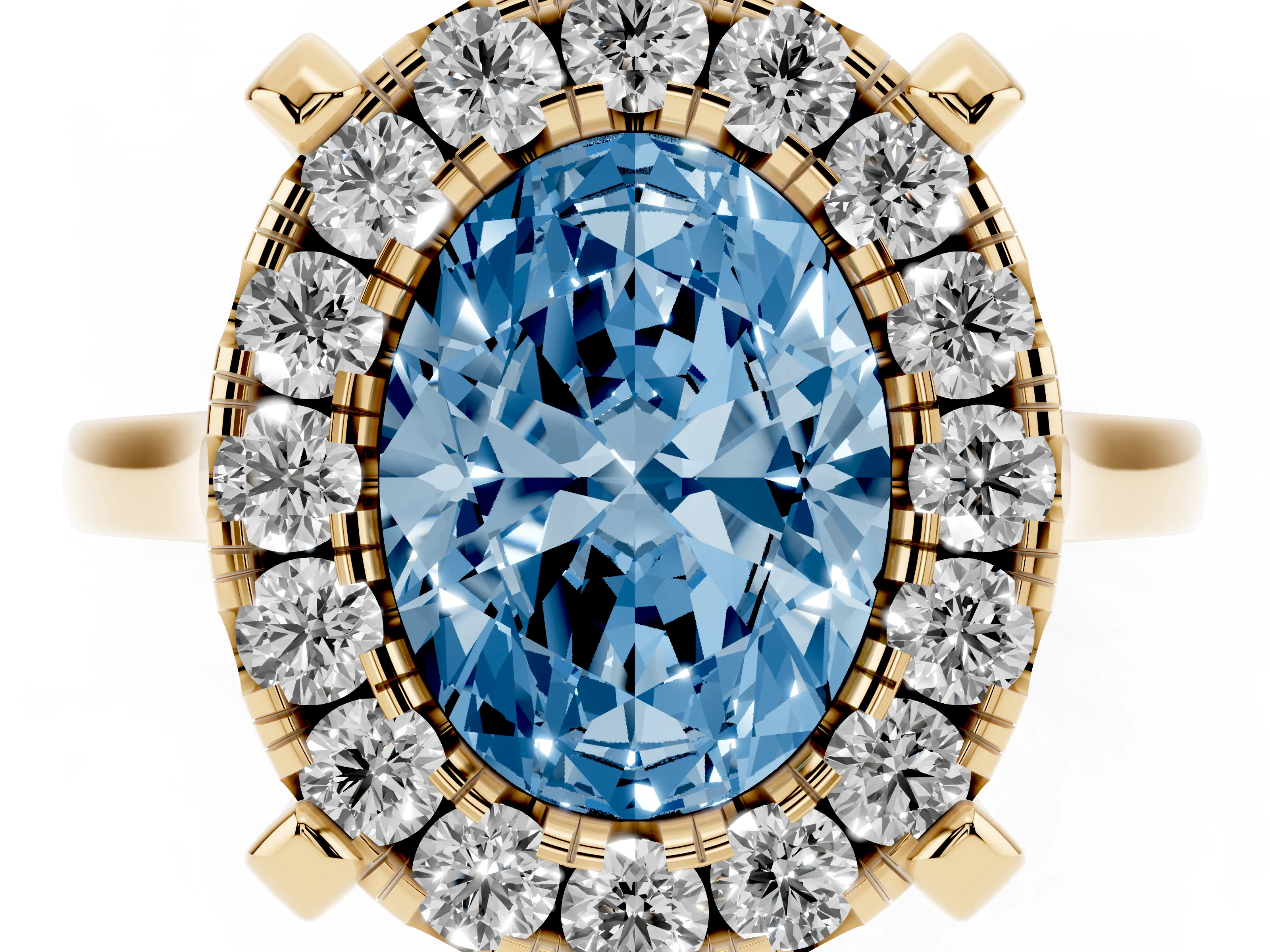 Fancy Blue Oval Cut Diamond Cluster Halo Solitaire Ring Set in Yellow gold with Prong Setting