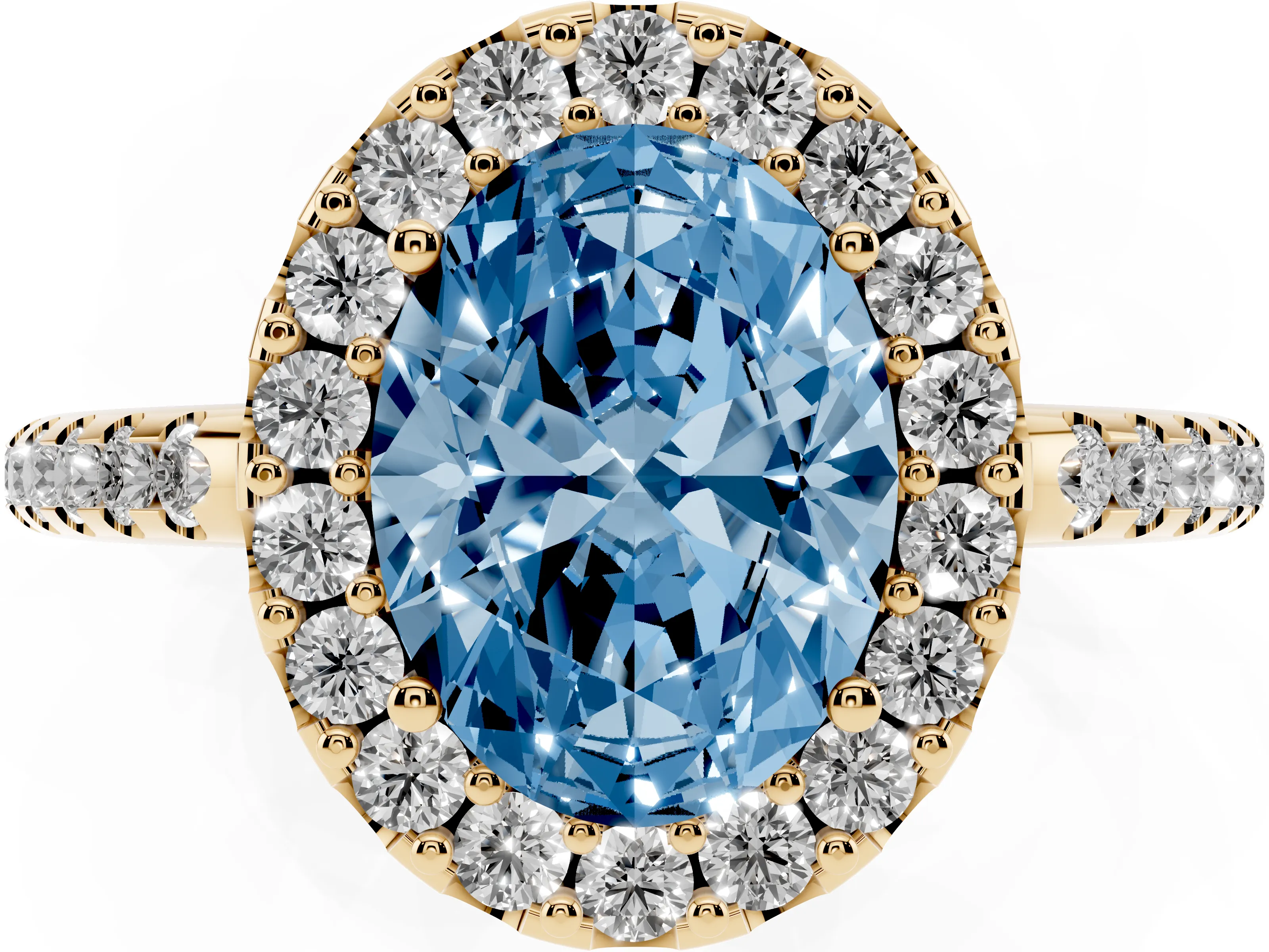 Fancy Blue Oval Cut Diamond Pavé Halo Ring Set in Yellow gold with Prong Setting