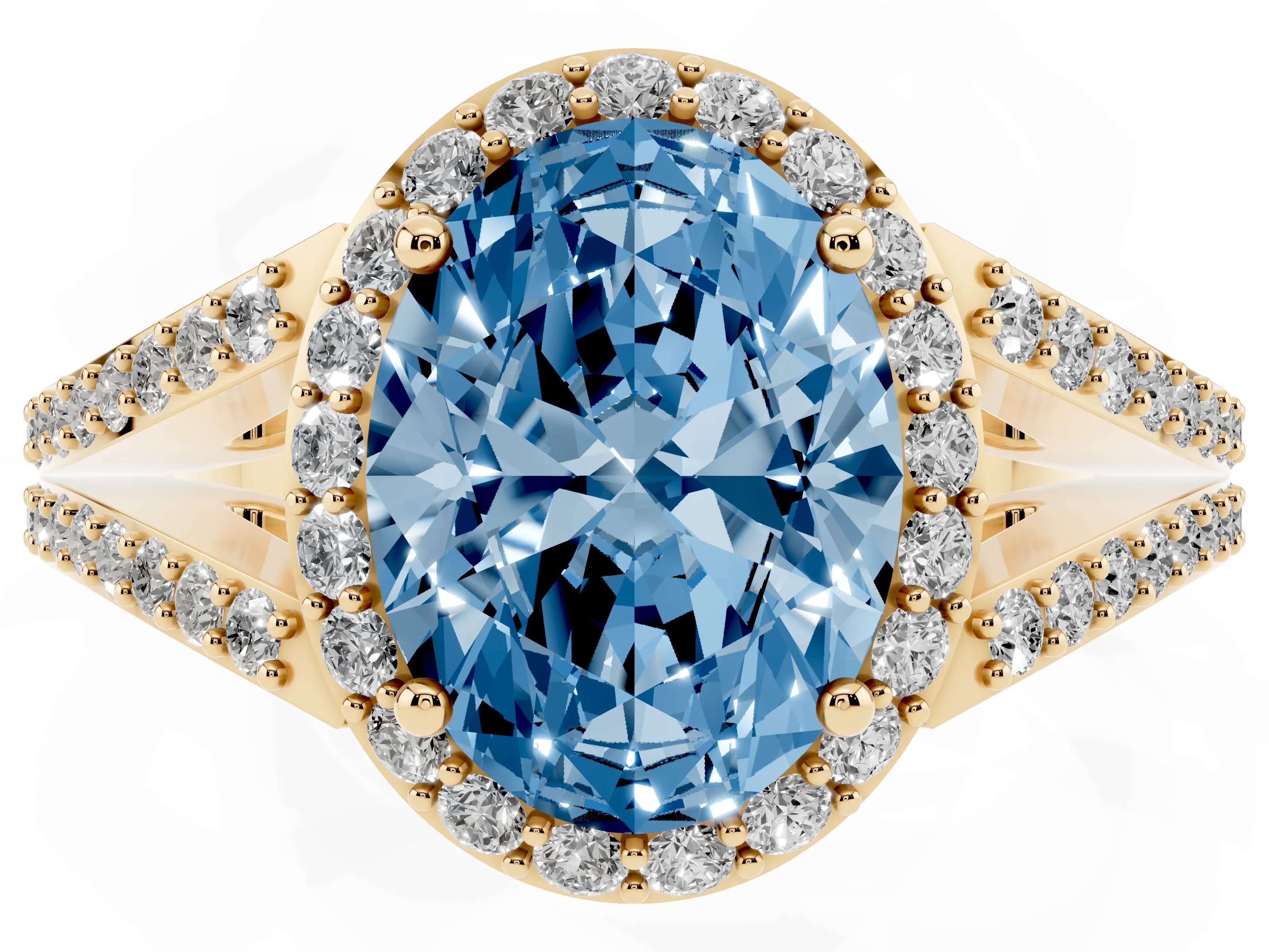 Fancy Blue Oval Cut Diamond Halo Split Shank Ring Set in Yellow gold with Accent Stones and Prong Setting