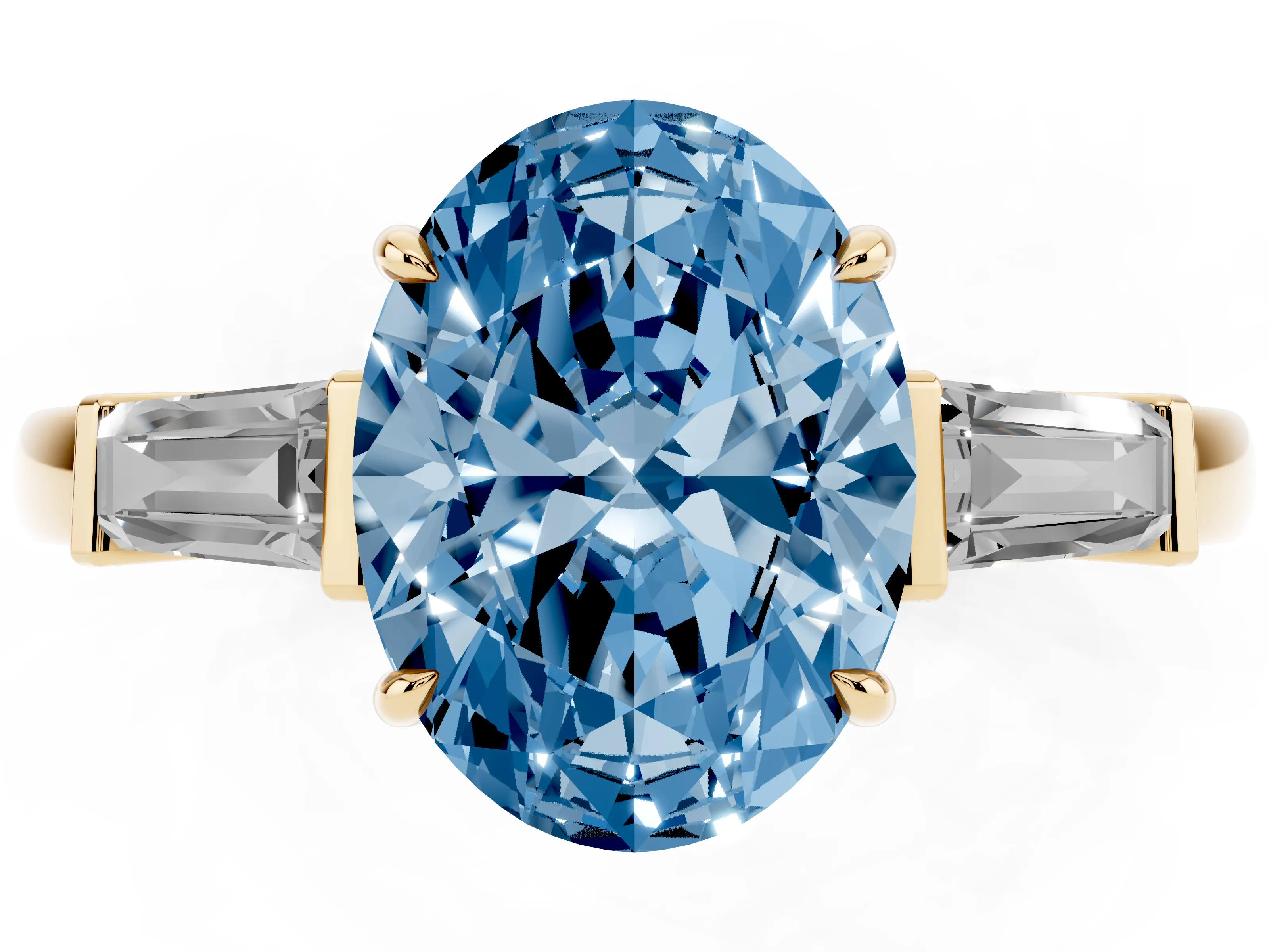 Fancy Blue Oval Cut Diamond Three-Stone Ring Set in Yellow gold with Tapered Baguette Side Stones and Prong Setting