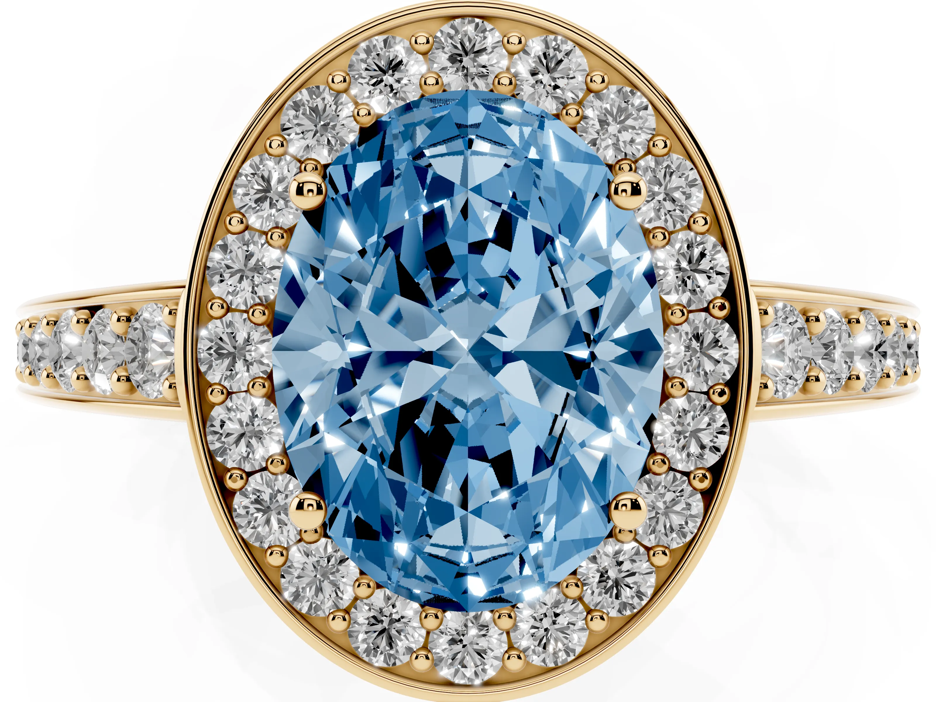 Fancy Blue Oval Cut Diamond Halo Pavé Engagement Ring Set in Yellow gold with Bezel Setting
