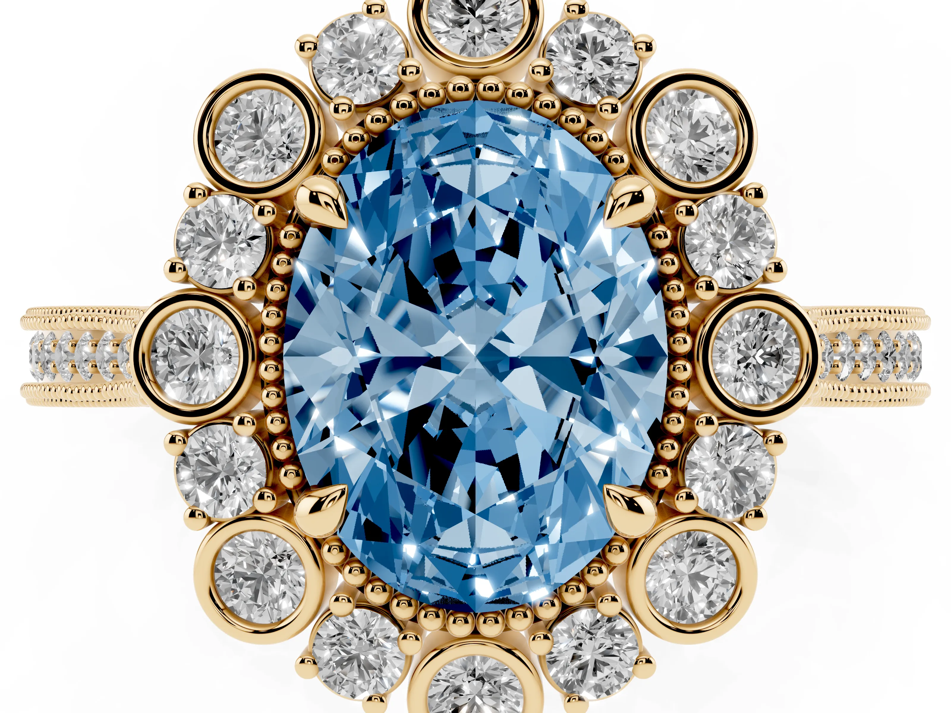 Fancy Blue Oval Cut Diamond Halo Milgrain Pavé Ring Set in Yellow gold with Prong Setting