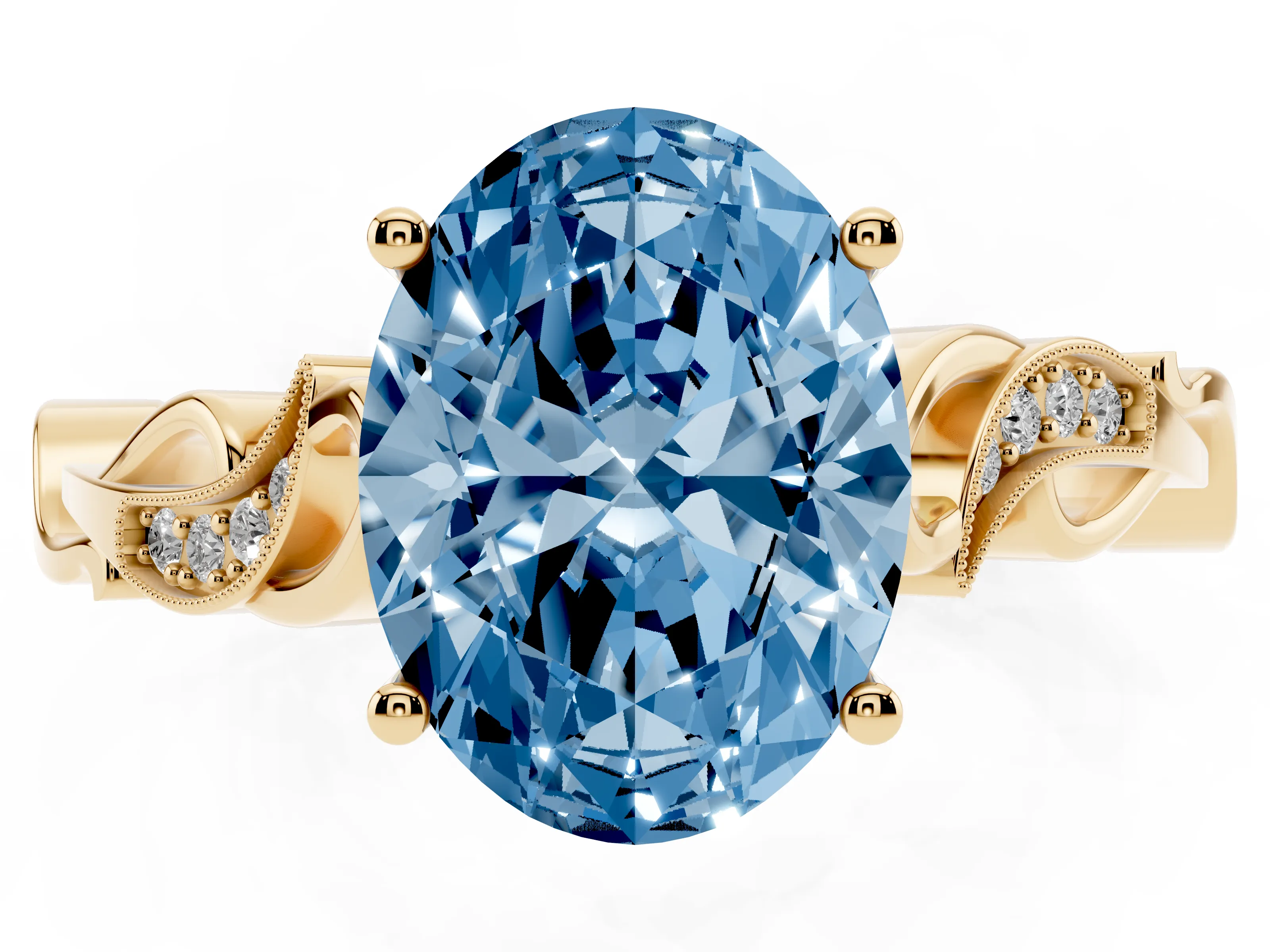 Fancy Blue Oval Cut Diamond Vine Band Solitaire Ring Set in Yellow gold with Milgrain Prong Setting