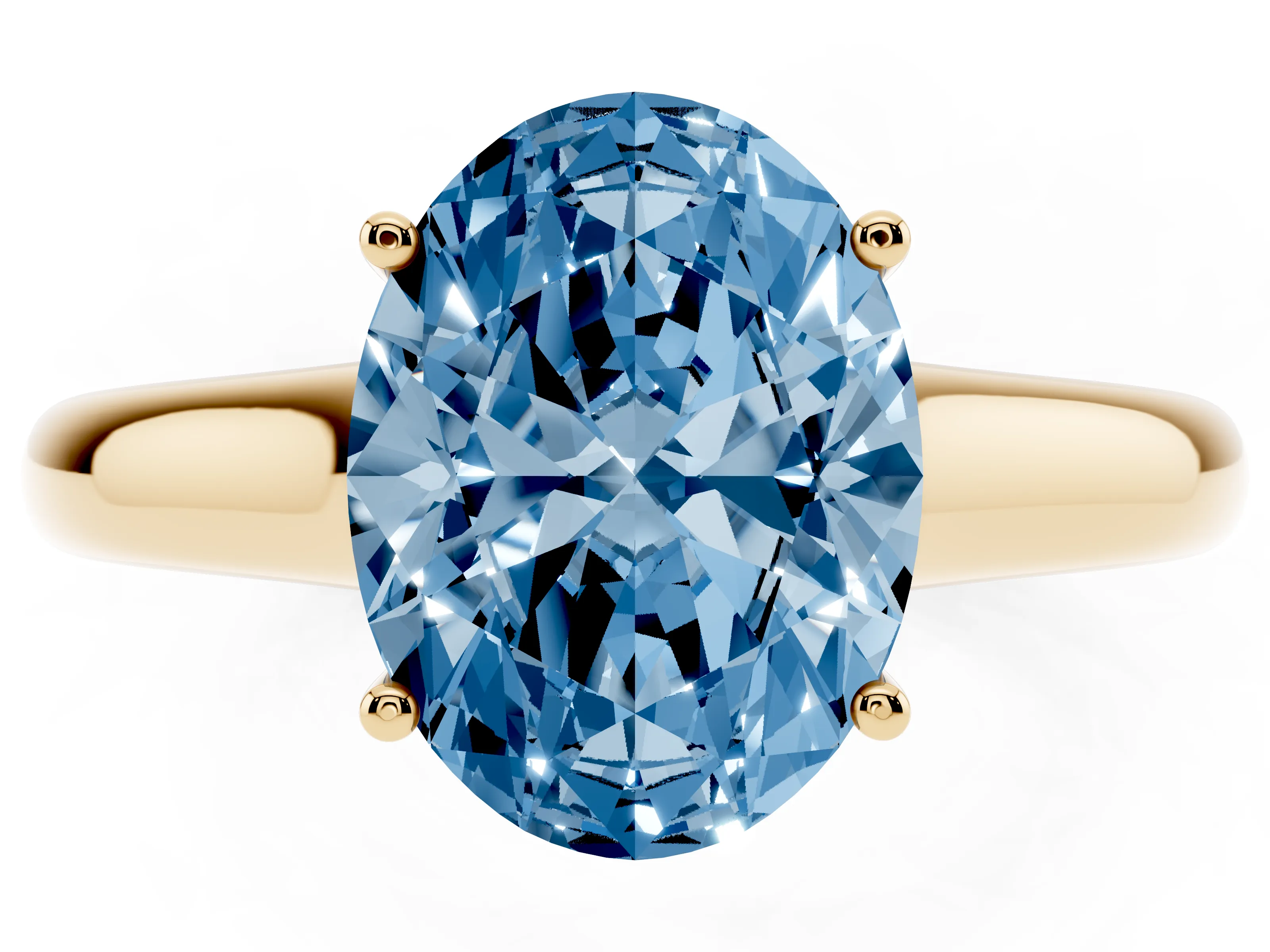 Fancy Blue Oval Cut Diamond Solitaire Engagement Ring Set in Yellow gold with Subtly Tapered Band and Prong Setting