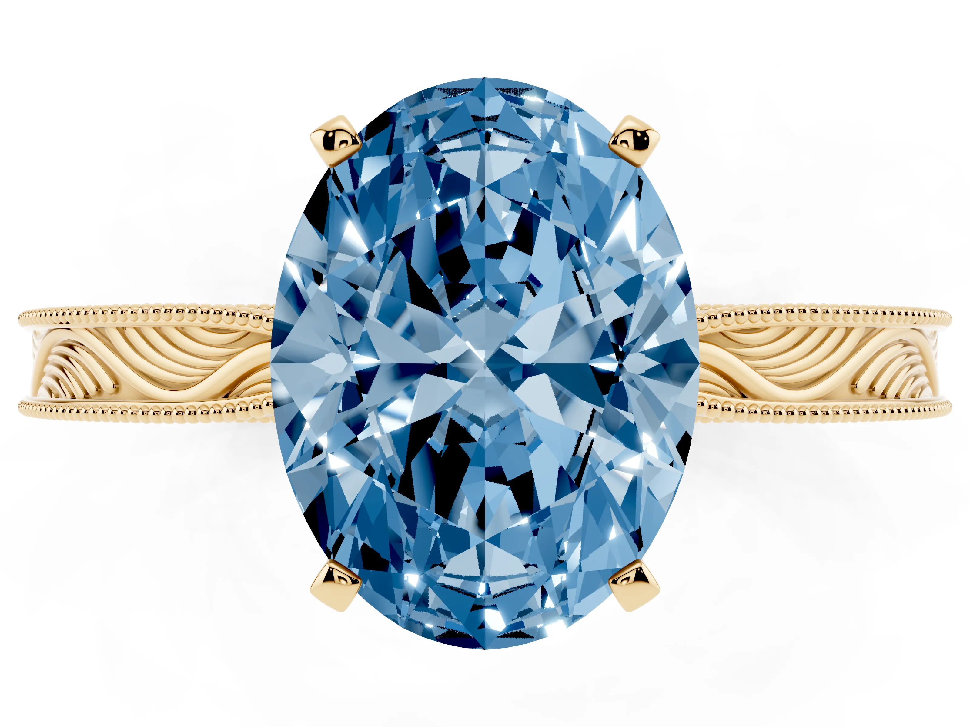 Fancy Blue Oval Cut Diamond Solitaire Milgrain Engraved Band Set in Yellow gold with Prong Setting