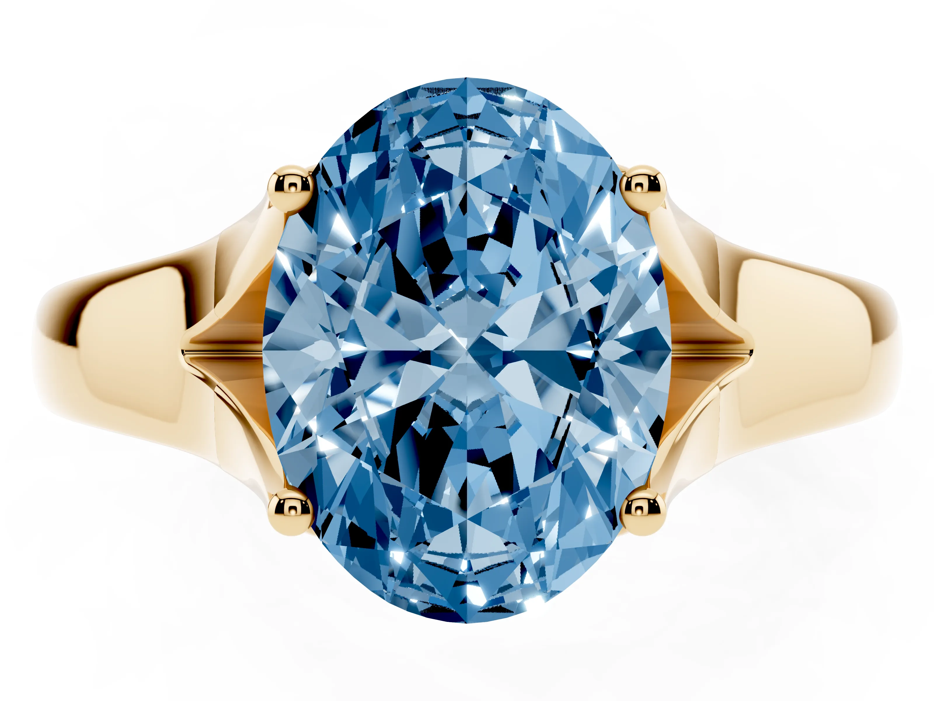 Fancy Blue Oval Cut Diamond Solitaire Ring Set in Yellow gold with Arched Cathedral Band and Prong Setting