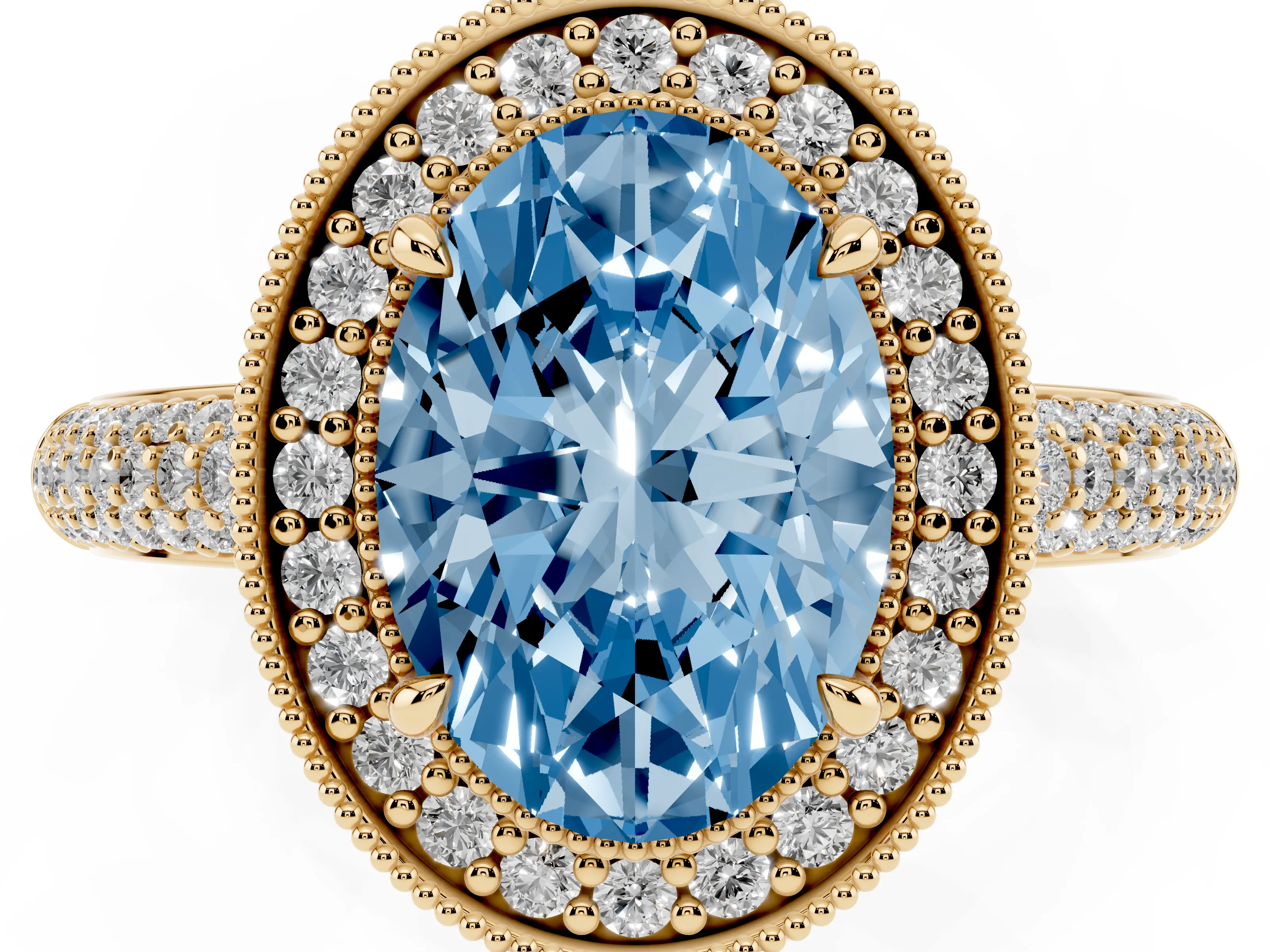 Fancy Blue Oval Cut Diamond Halo Pavé Band Set in Yellow gold with Prong Setting
