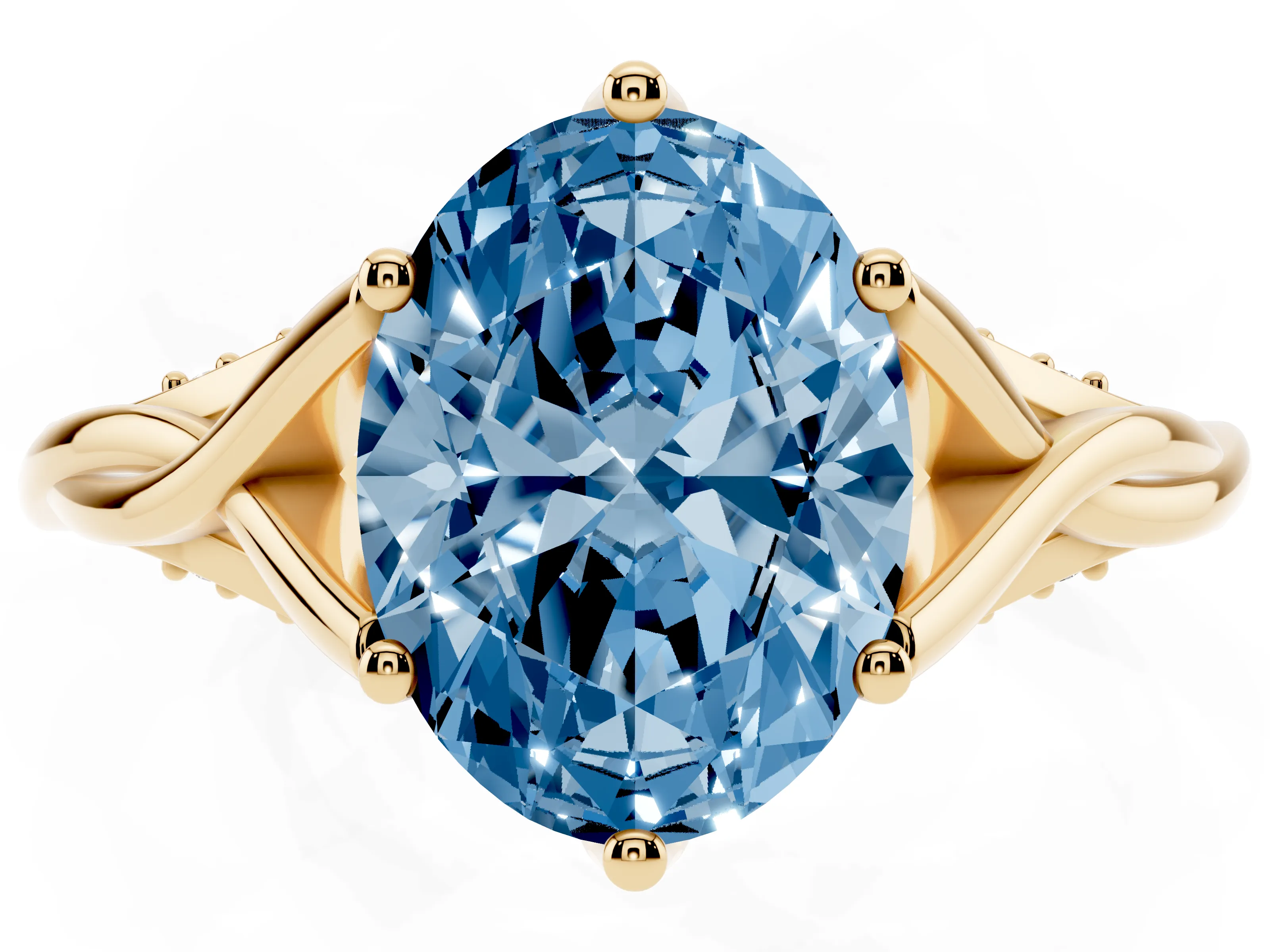 Fancy Blue Oval Cut Diamond Intertwined Twist Band Solitaire Ring Set in Yellow gold with Prong Setting