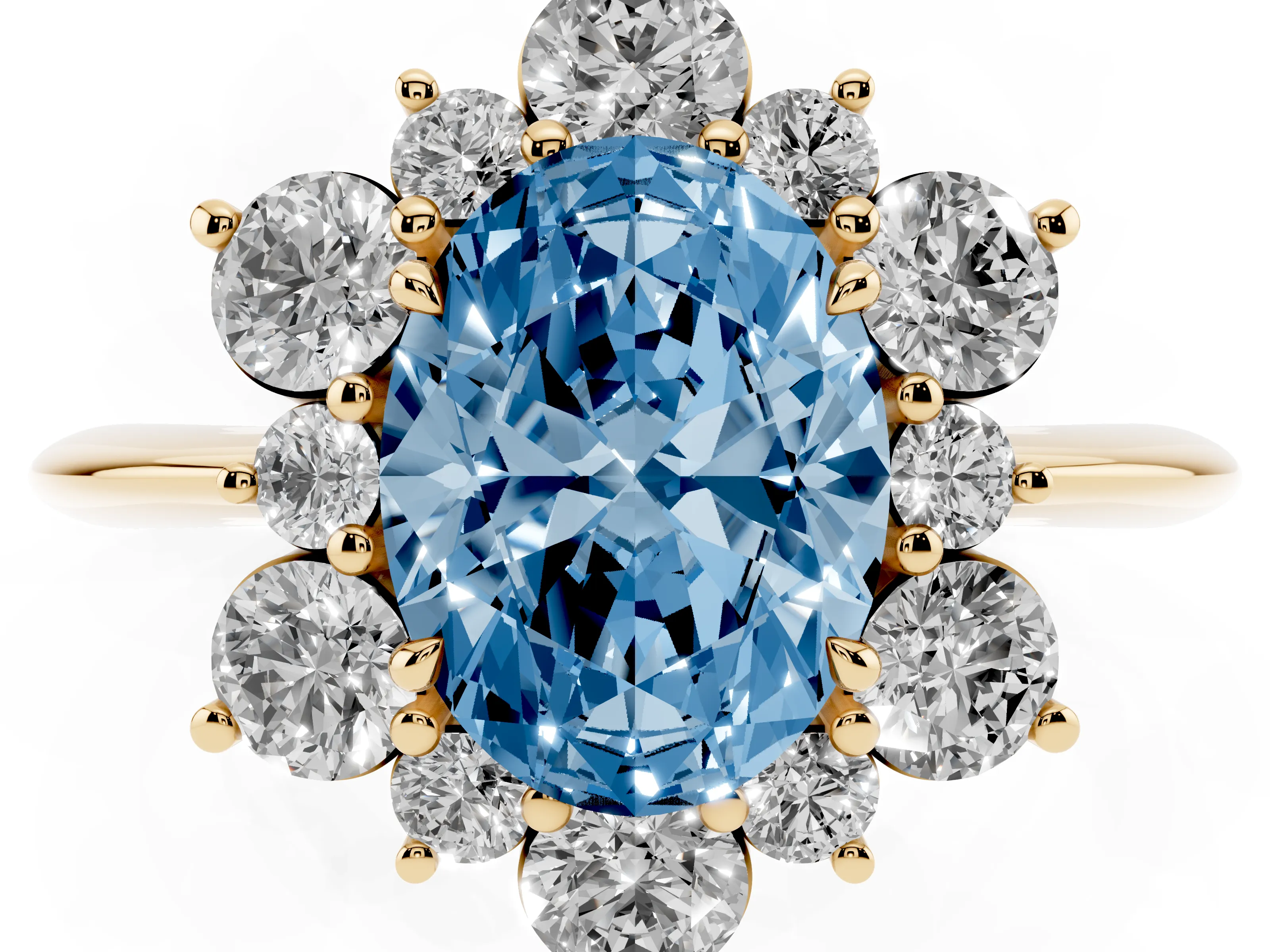 Fancy Blue Oval Cut Diamond Cluster Halo Ring Set in Yellow gold with Solitaire Band and Prong Setting