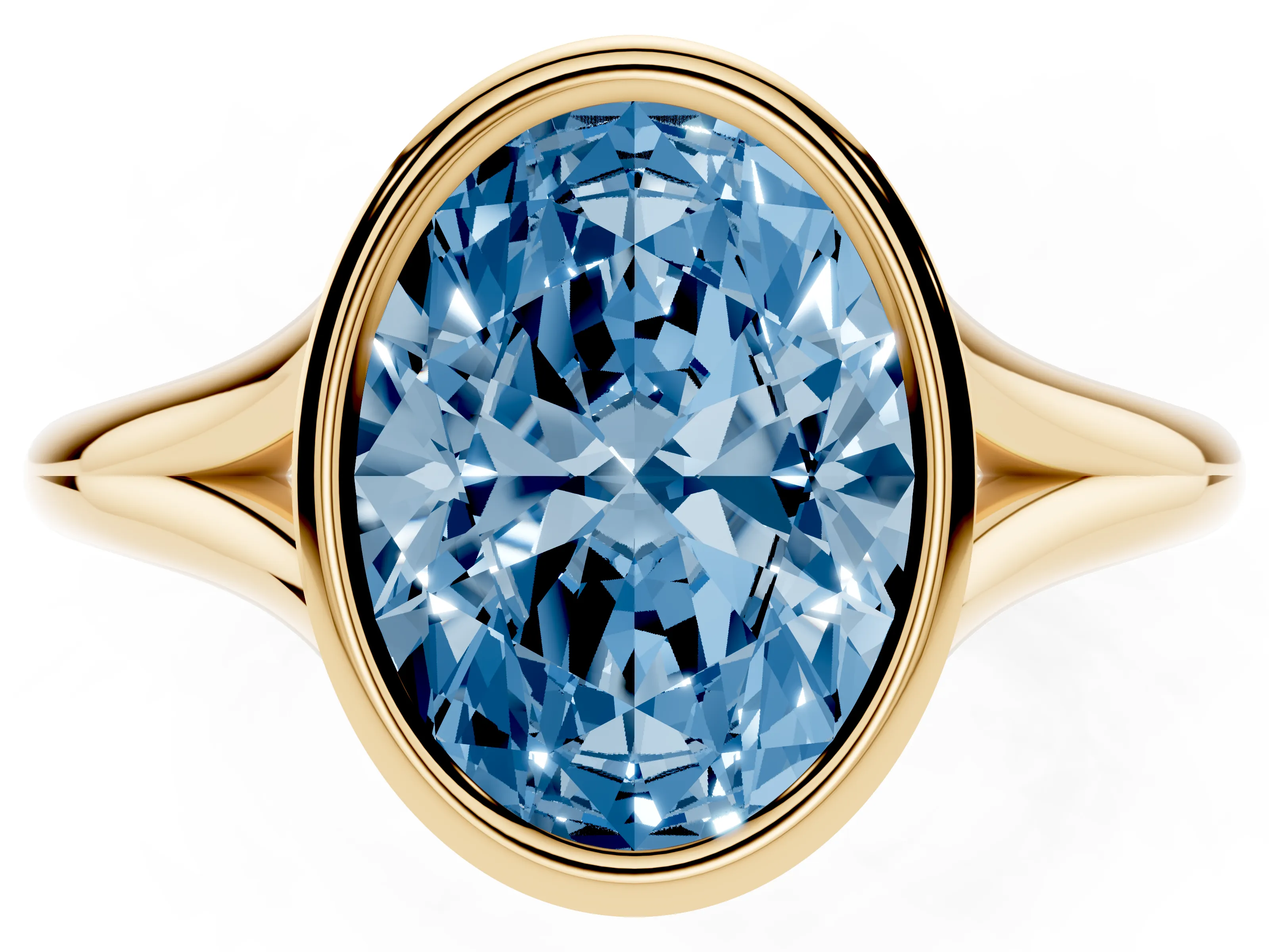 Fancy Blue Bezel Set Oval Cut Diamond Solitaire Ring Set in Yellow gold with Tapered Band