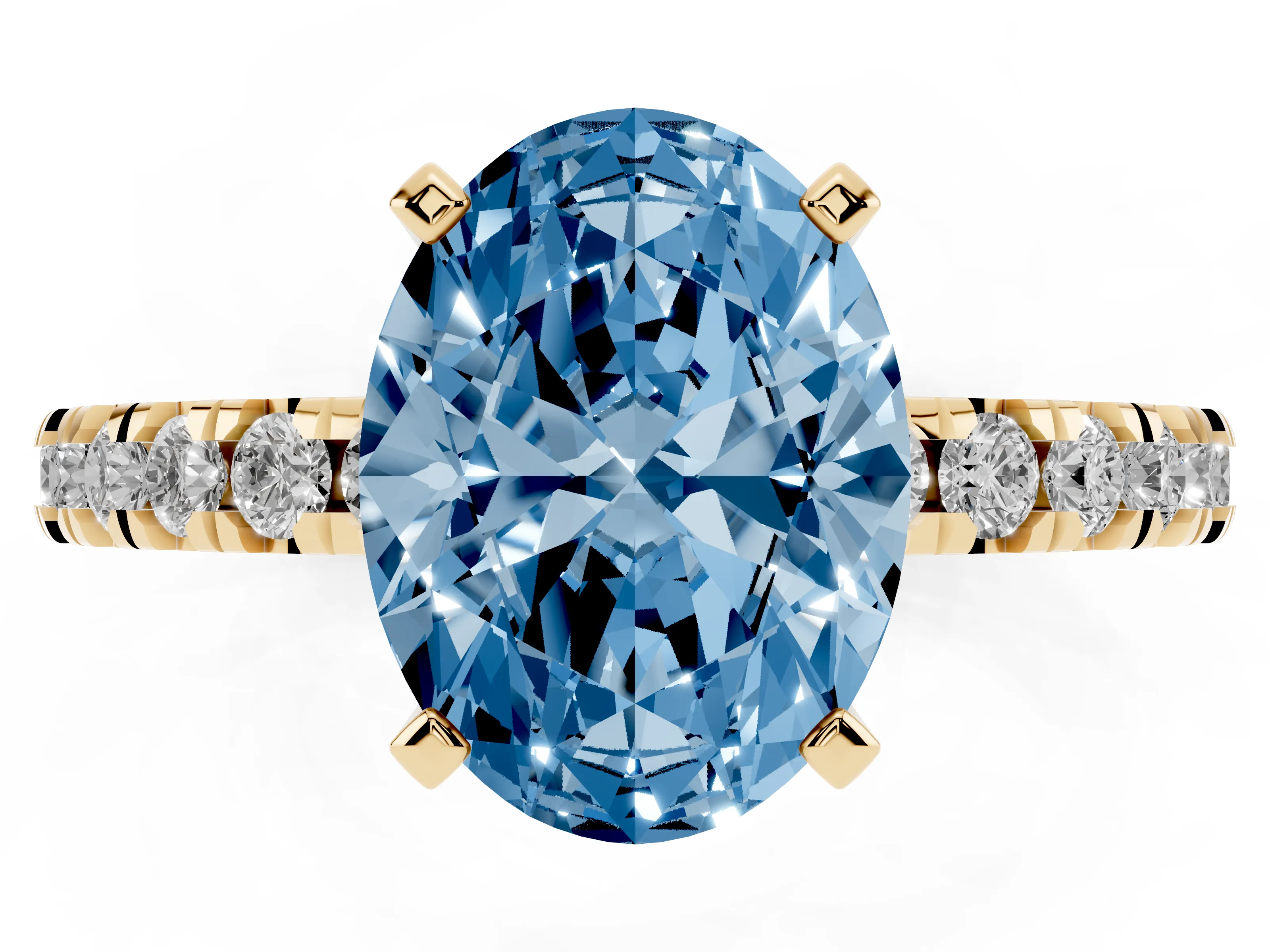Fancy Blue Oval Cut Diamond Pavé Band Solitaire Set in Yellow gold with Prong Setting