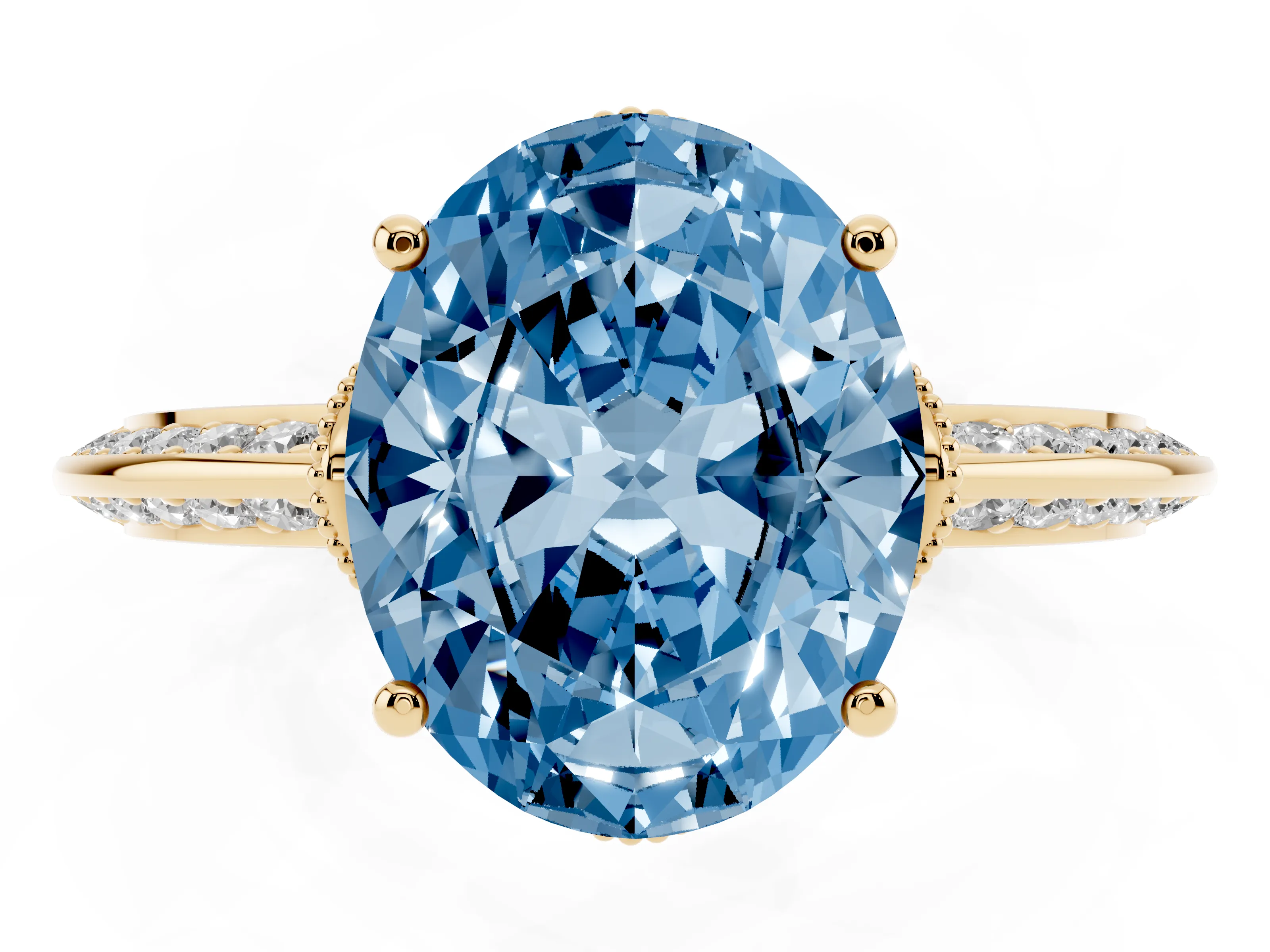 Fancy Blue Oval Cut Diamond Solitaire Engagement Ring Set in Yellow gold with Pavé Split Shank and Prong Setting