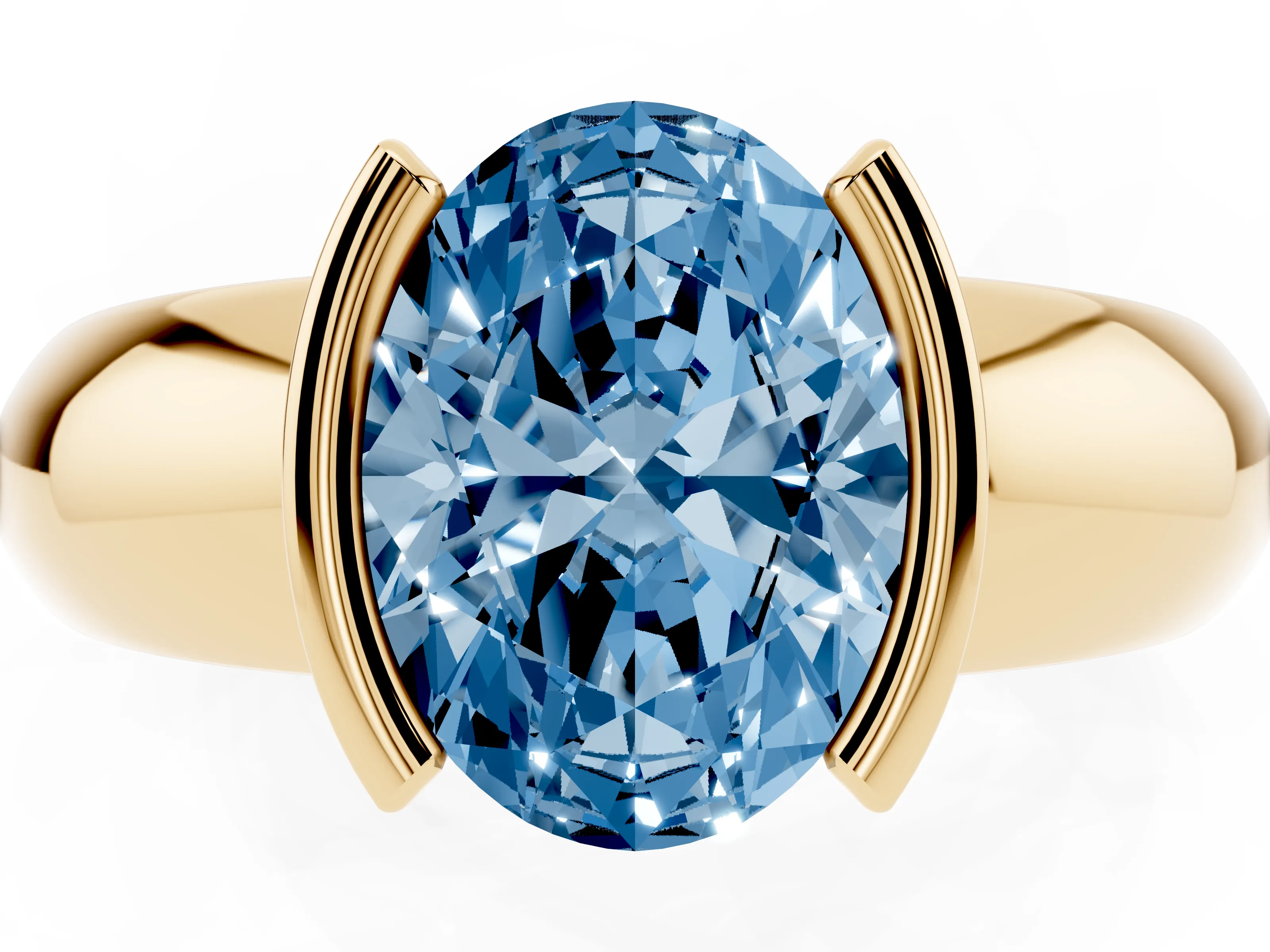 Fancy Blue Oval Cut Diamond Solitaire Tension Set Ring Set in Yellow gold with Wide Band