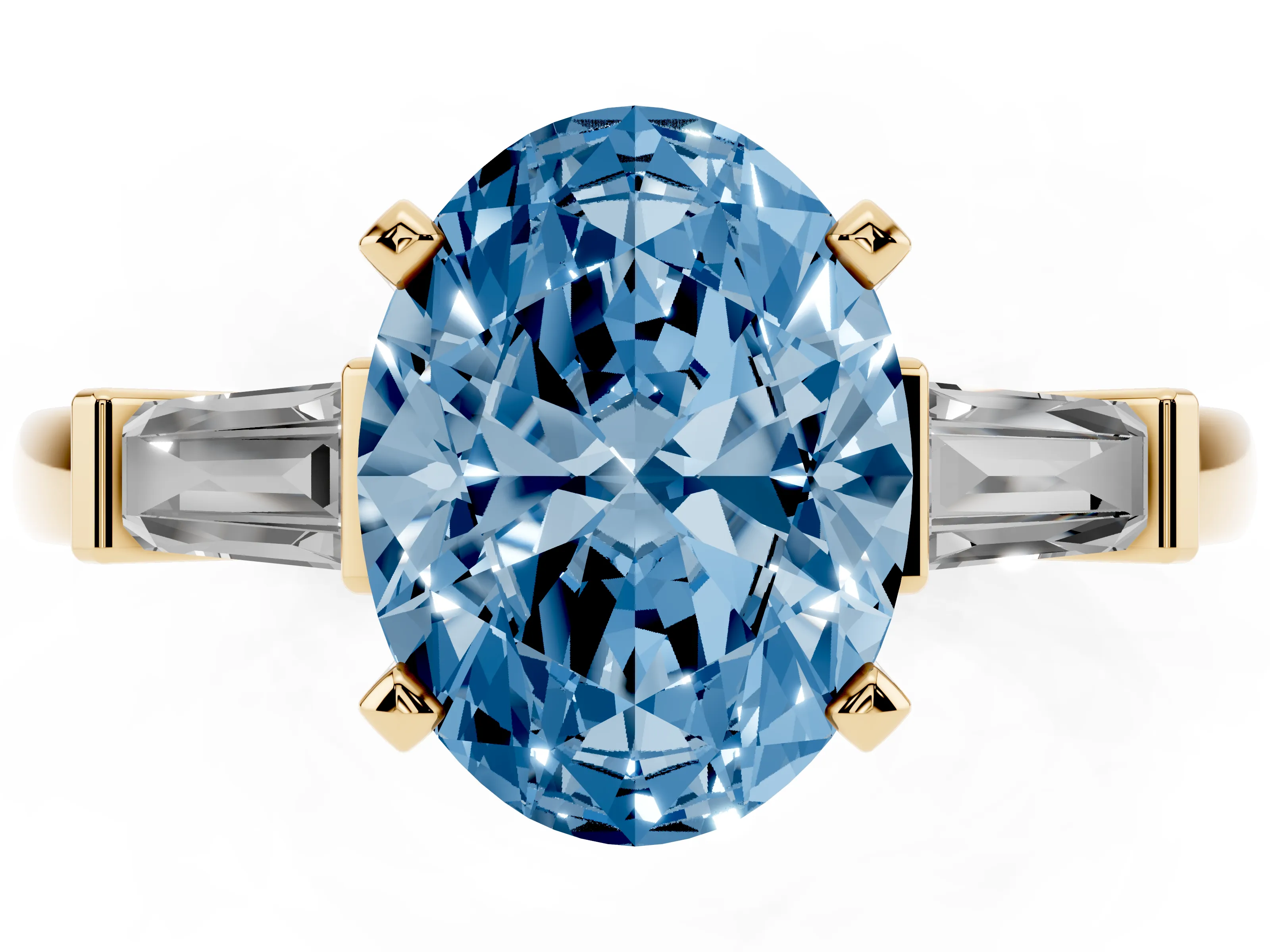 Fancy Blue Oval Cut Diamond Solitaire Ring Set in Yellow gold with Tapered Baguette Accents and Prong Setting