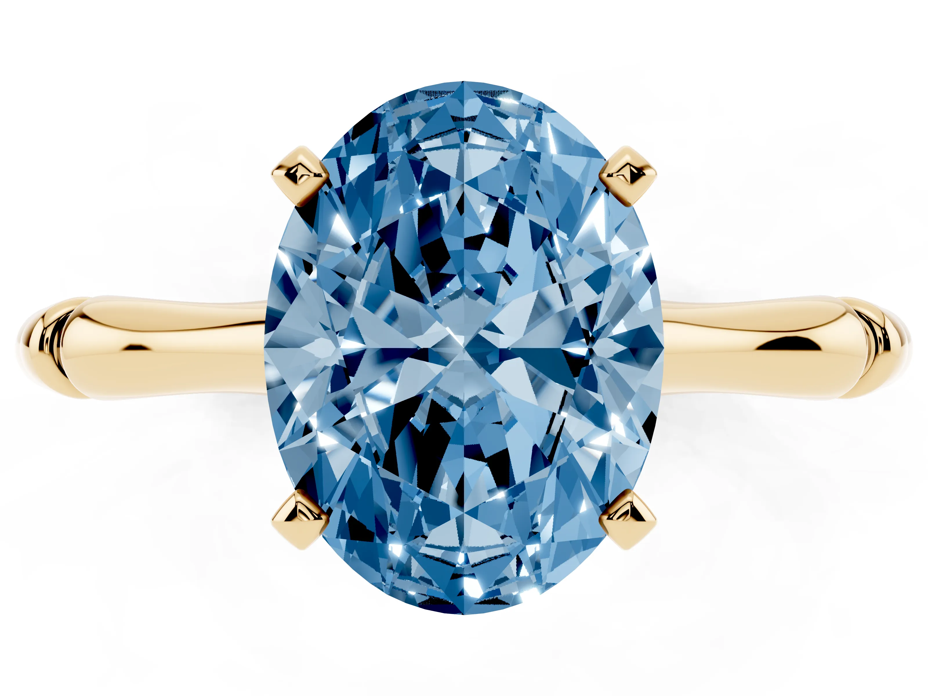 Fancy Blue Oval Cut Diamond Solitaire Ring Set in Yellow gold with Bamboo Band and Prong Setting