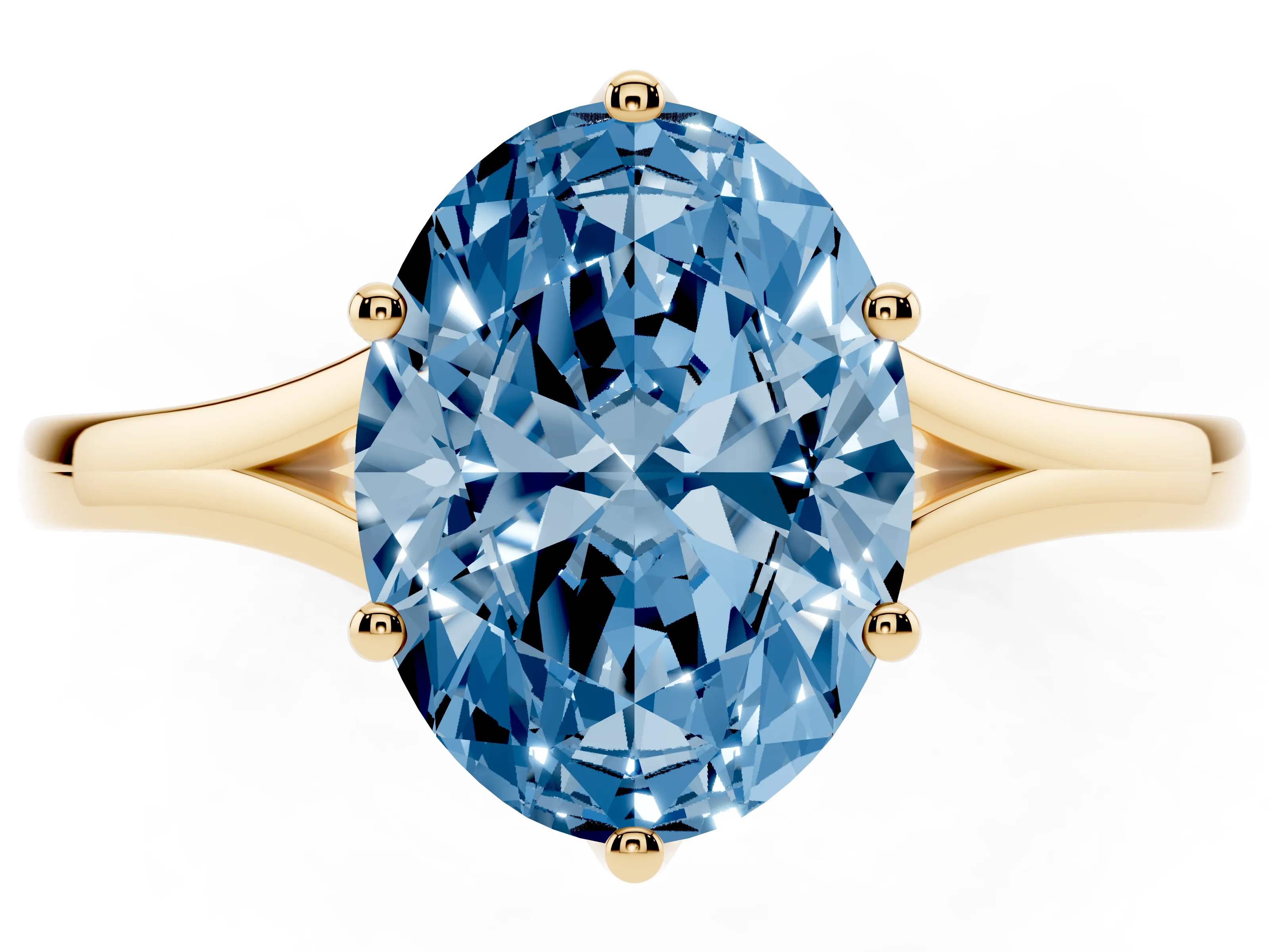 Fancy Blue Oval Cut Diamond Solitaire Ring Set in Yellow gold with Polished Tapered Band and Prong Setting