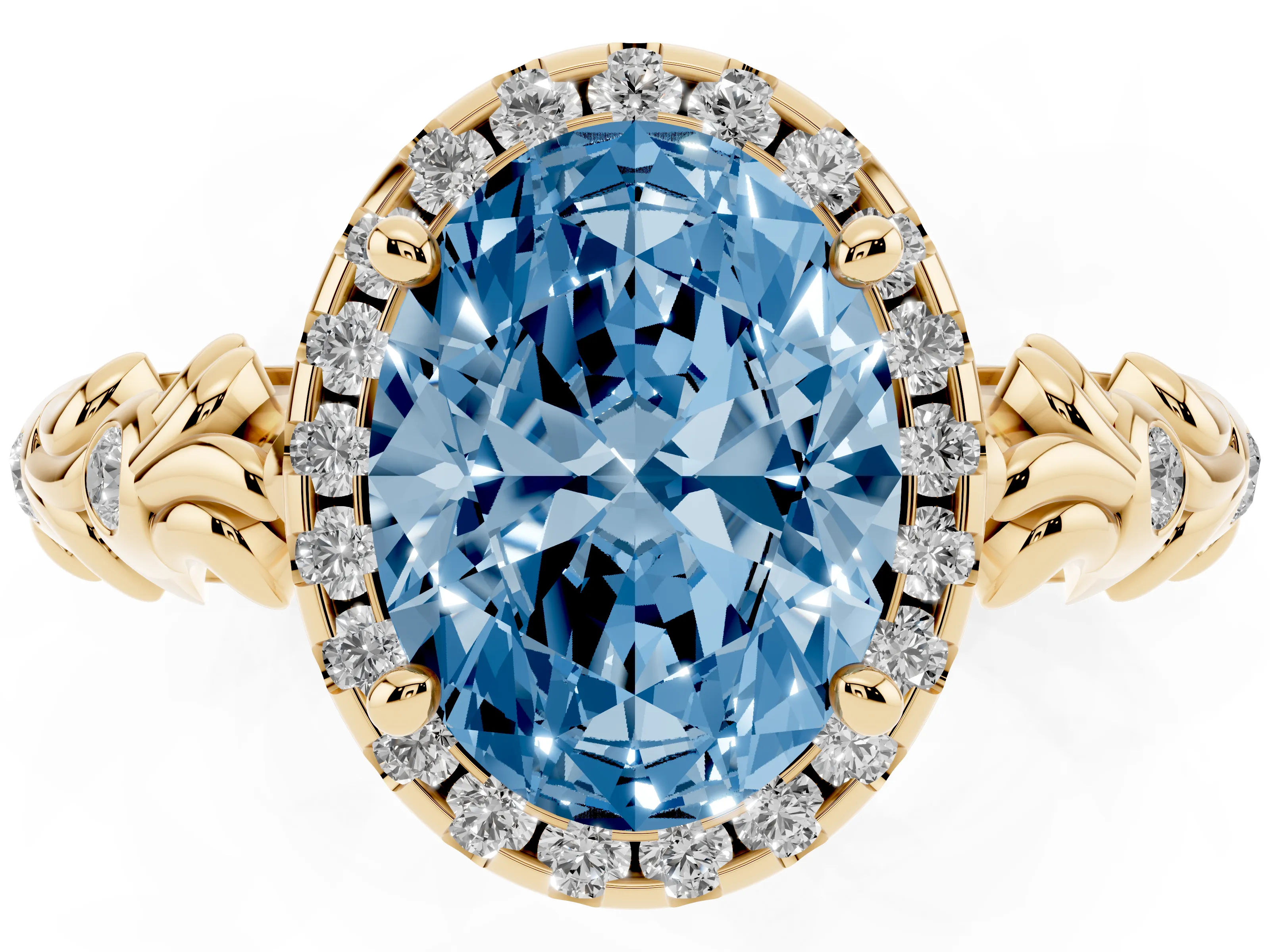 Fancy Blue Oval Cut Diamond Halo Ring Set in Yellow gold with Filigree Leaf Band and Prong Setting