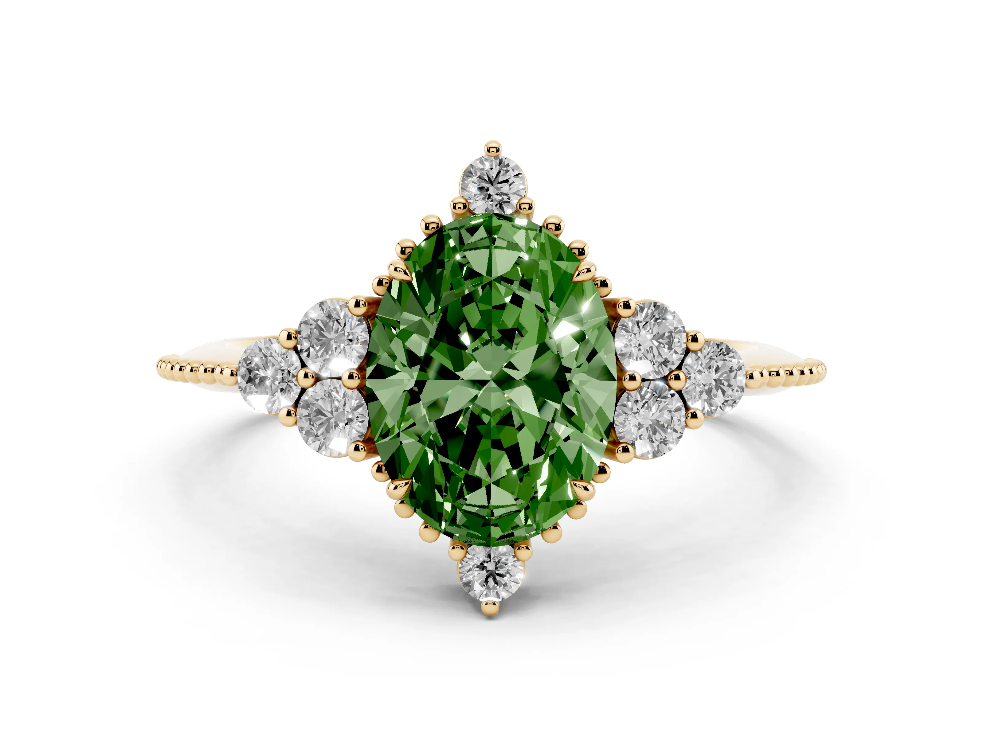 Fancy Green Oval Cut Diamond Cluster Ring Set in Yellow gold with Beaded Band