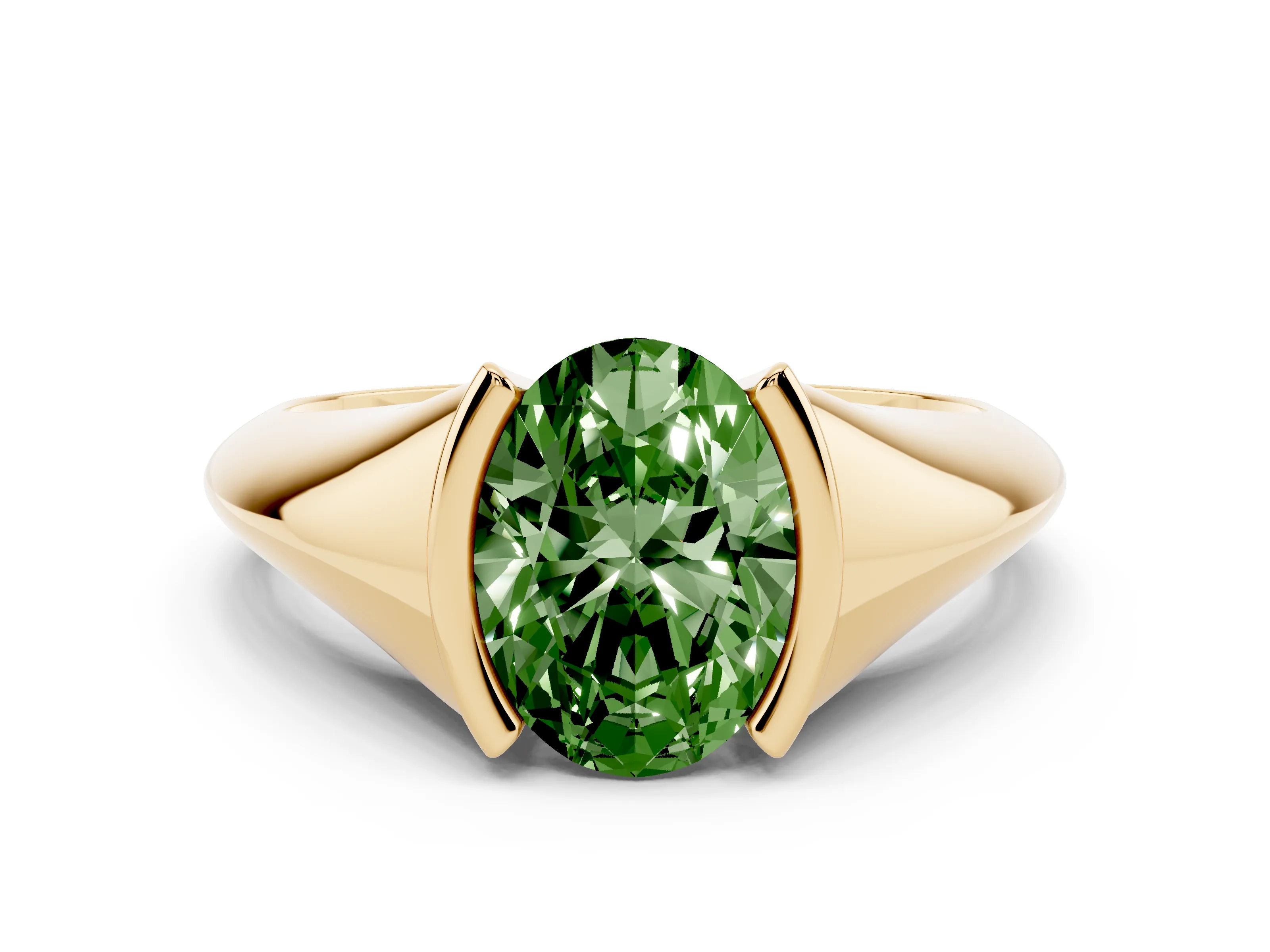 Fancy Green Oval Cut Diamond Solitaire Tension Set Ring Set in Yellow gold