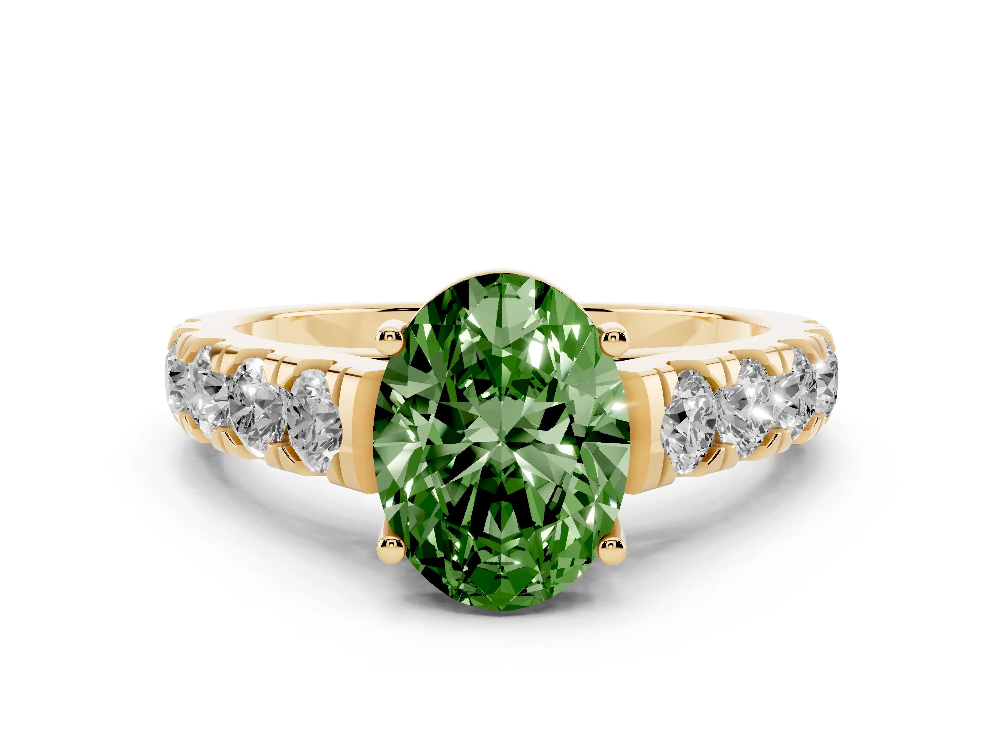 Fancy Green Oval Cut Diamond Solitaire Ring Set in Yellow gold with Cut-Down Micro Pavé Band and Prong Setting