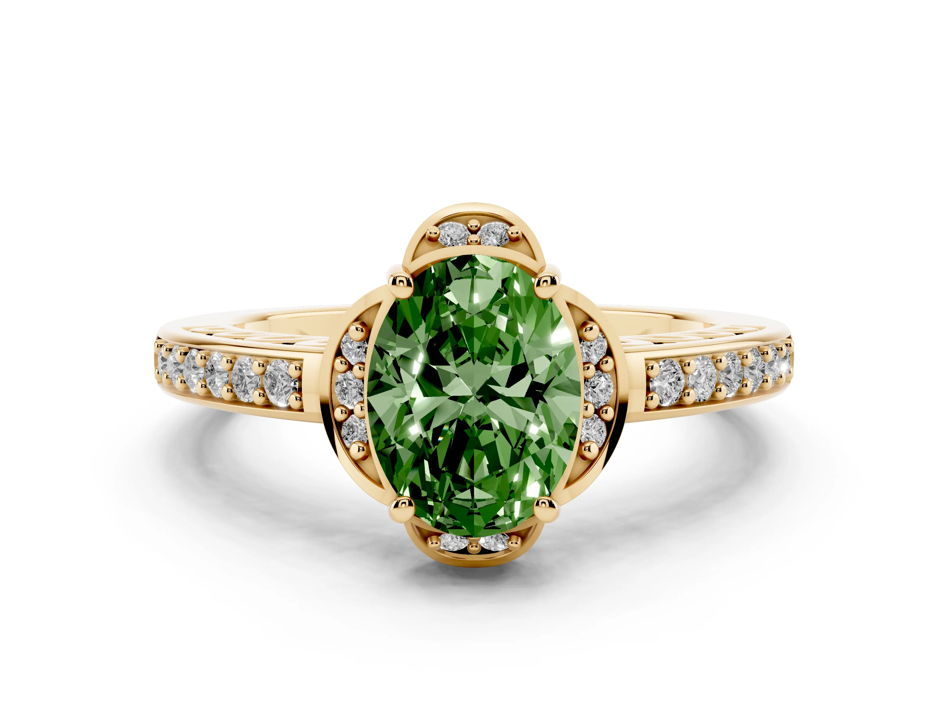 Fancy Green Oval Cut Diamond Halo Ring Set in Yellow gold with Channel Set Band and Prong Setting
