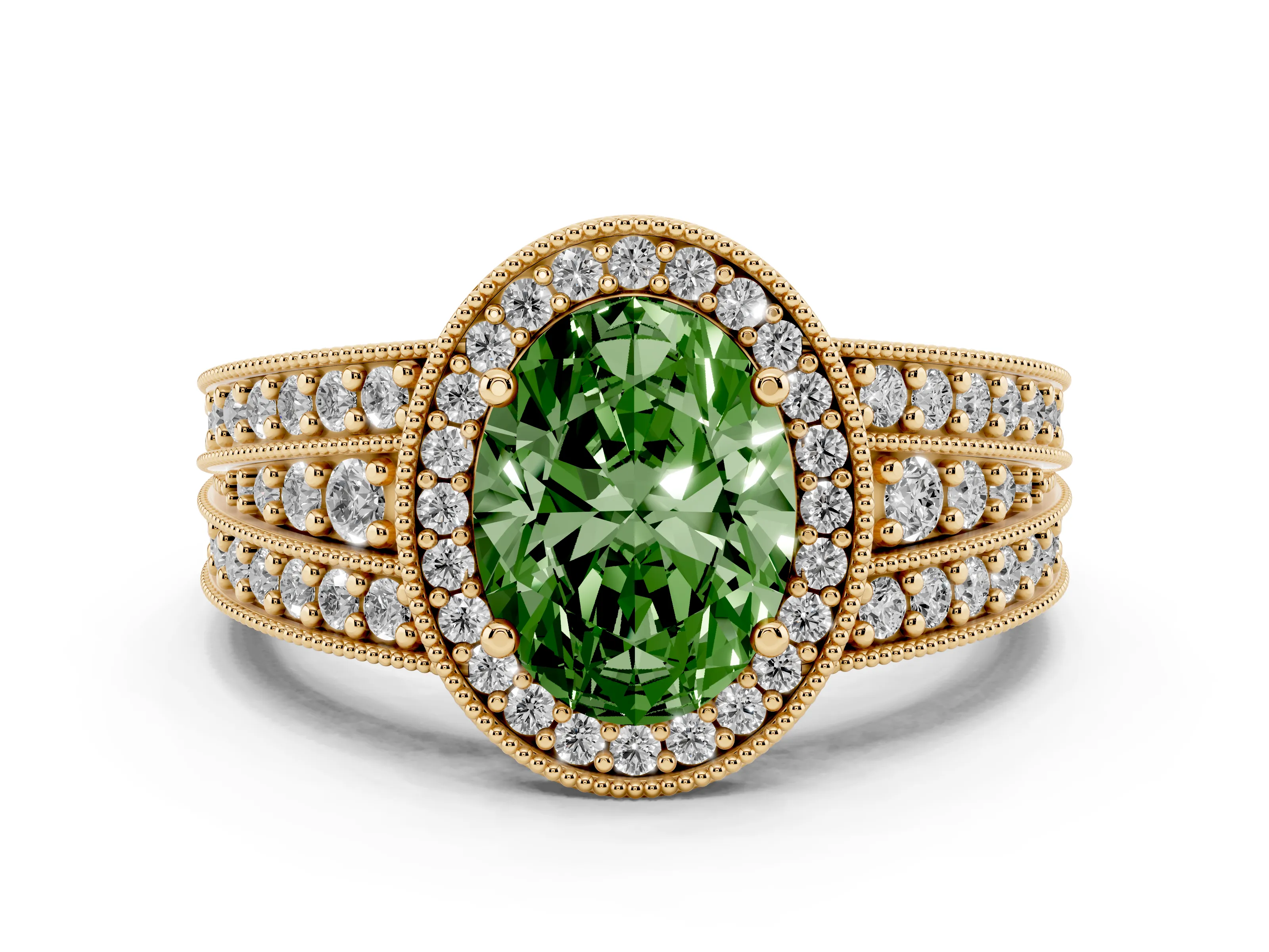 Fancy Green Oval Cut Diamond Halo Ring Set in Yellow gold with Accent Split Shank and Prong Setting
