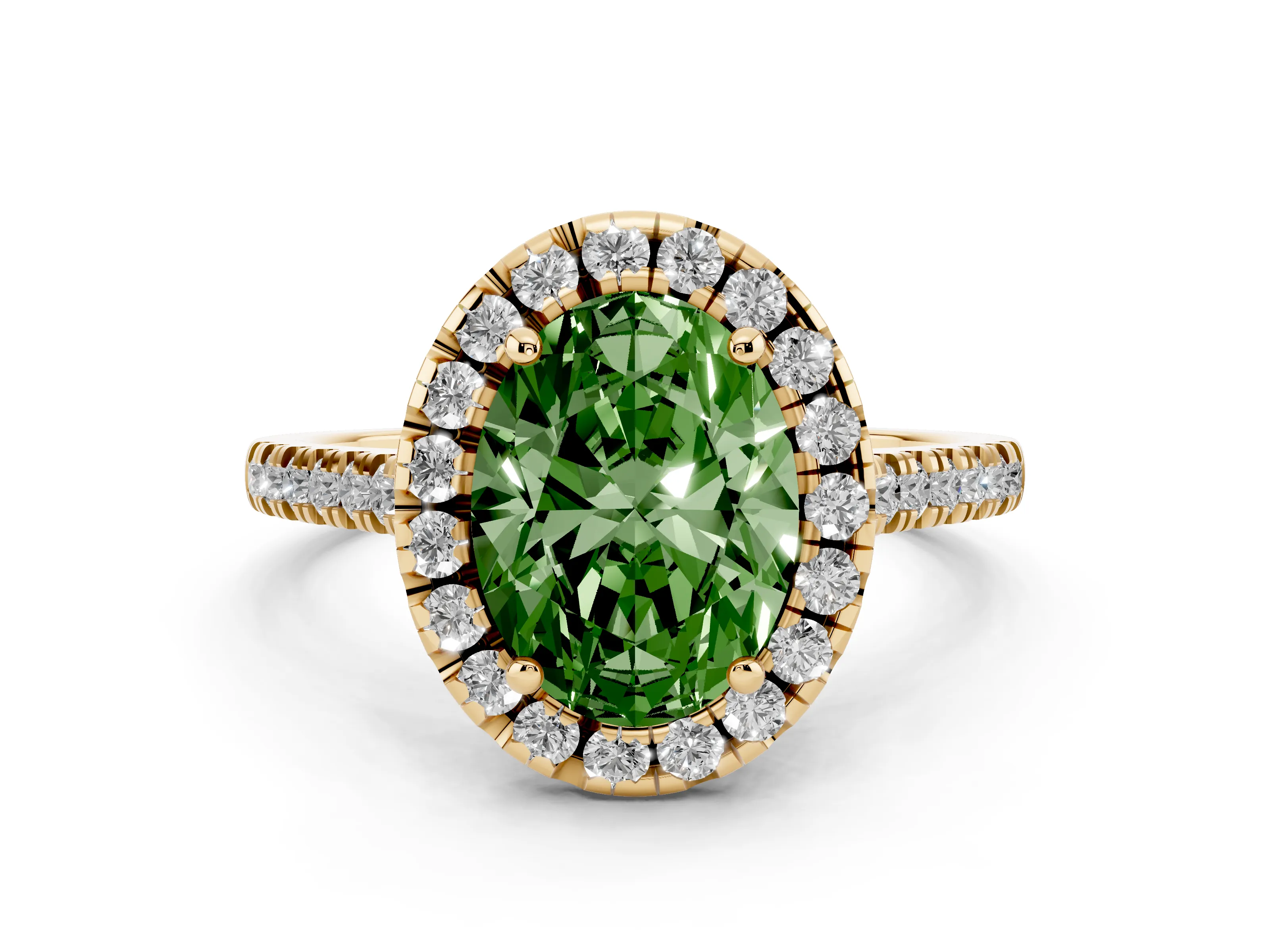 Fancy Green Oval Cut Diamond Cushion Halo Ring Set in Yellow gold with Pavé Band