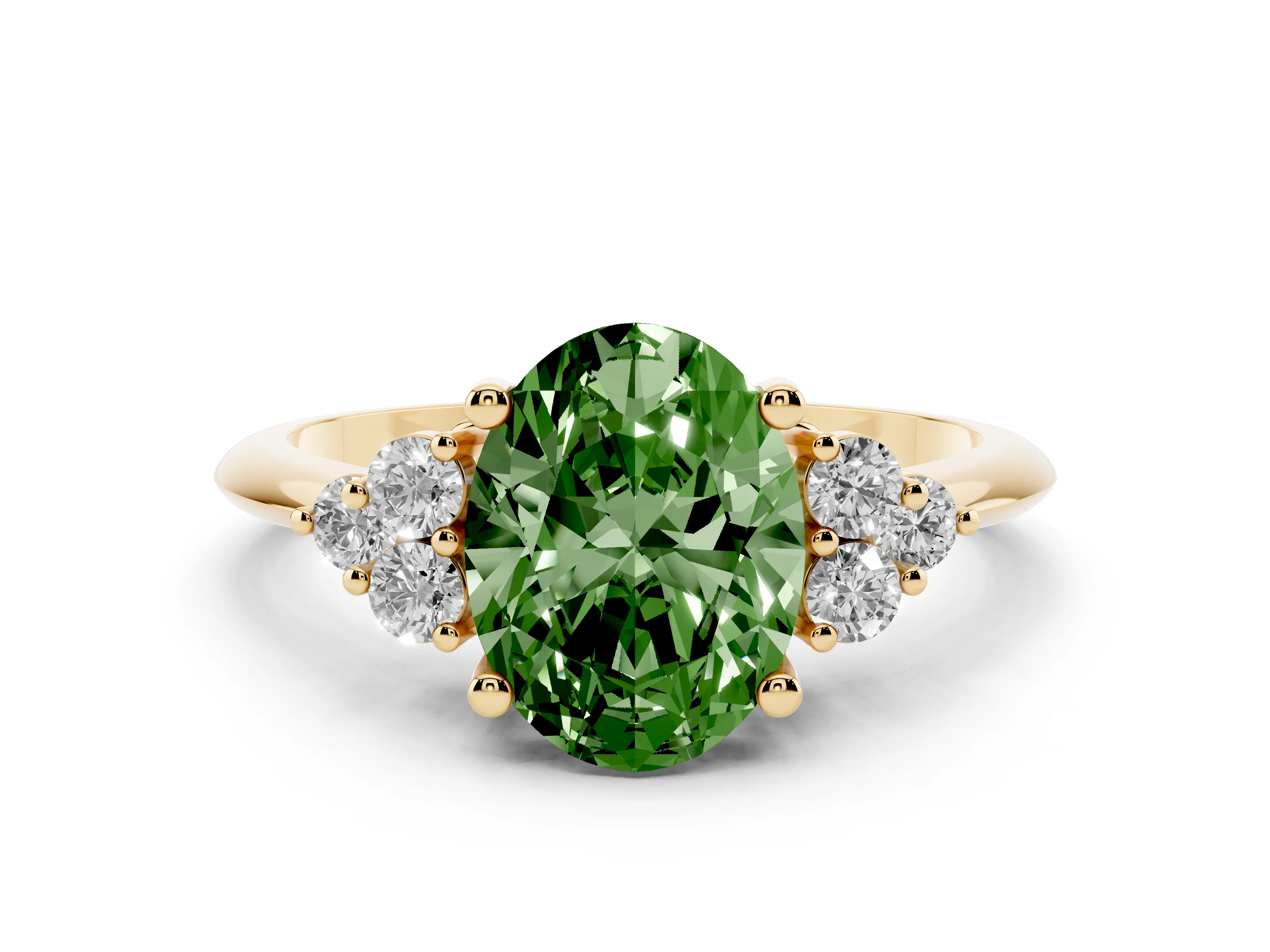 Fancy Green Oval Cut Diamond Cluster Ring Set in Yellow gold with Plain Band and Prong Setting