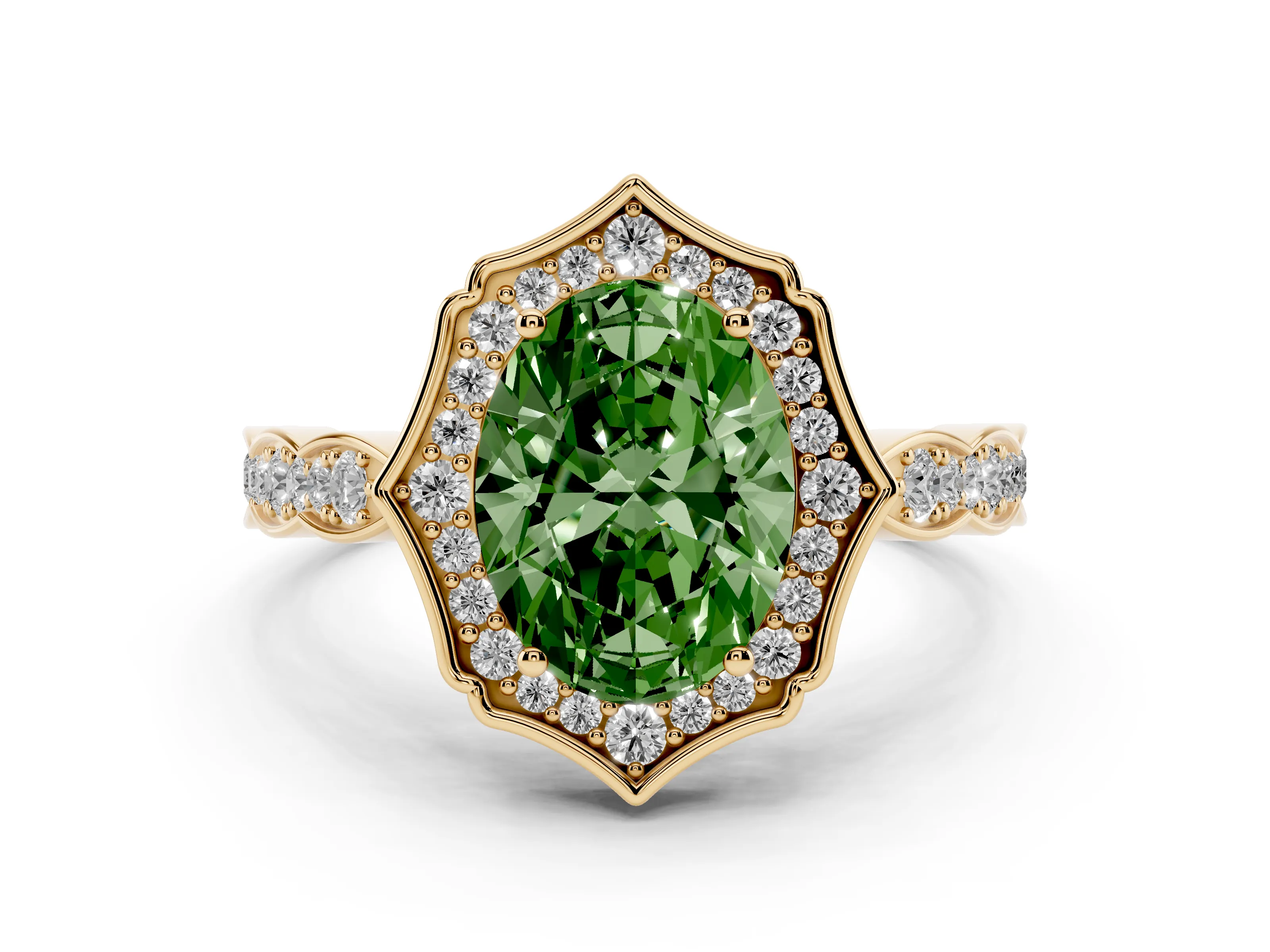Fancy Green Oval Cut Diamond Halo Engagement Ring Set in Yellow gold with Milgrain Band and Prong Setting