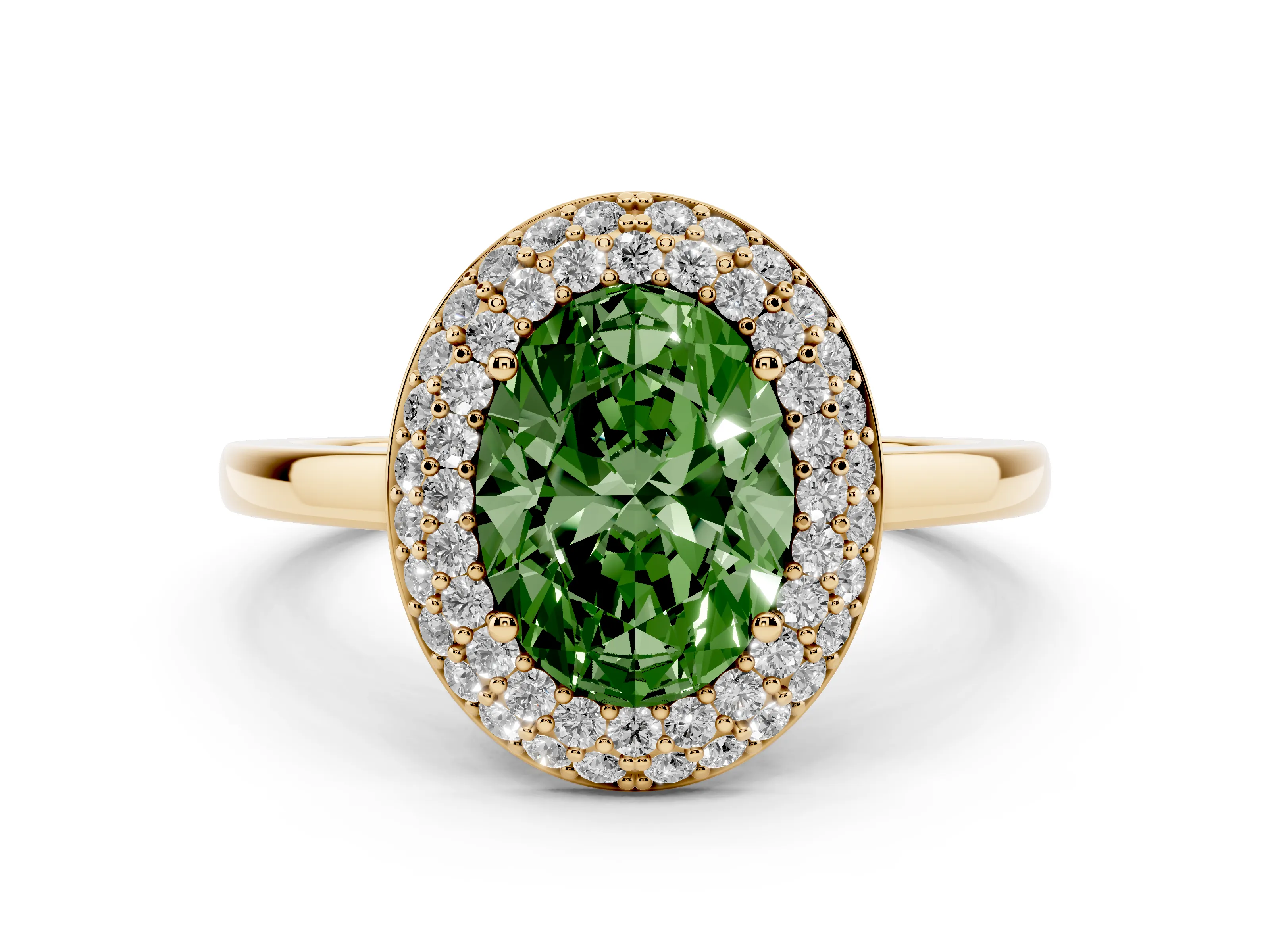 Fancy Green Oval Cut Diamond Halo Engagement Ring Set in Yellow gold with Solitaire Band and Prong Setting