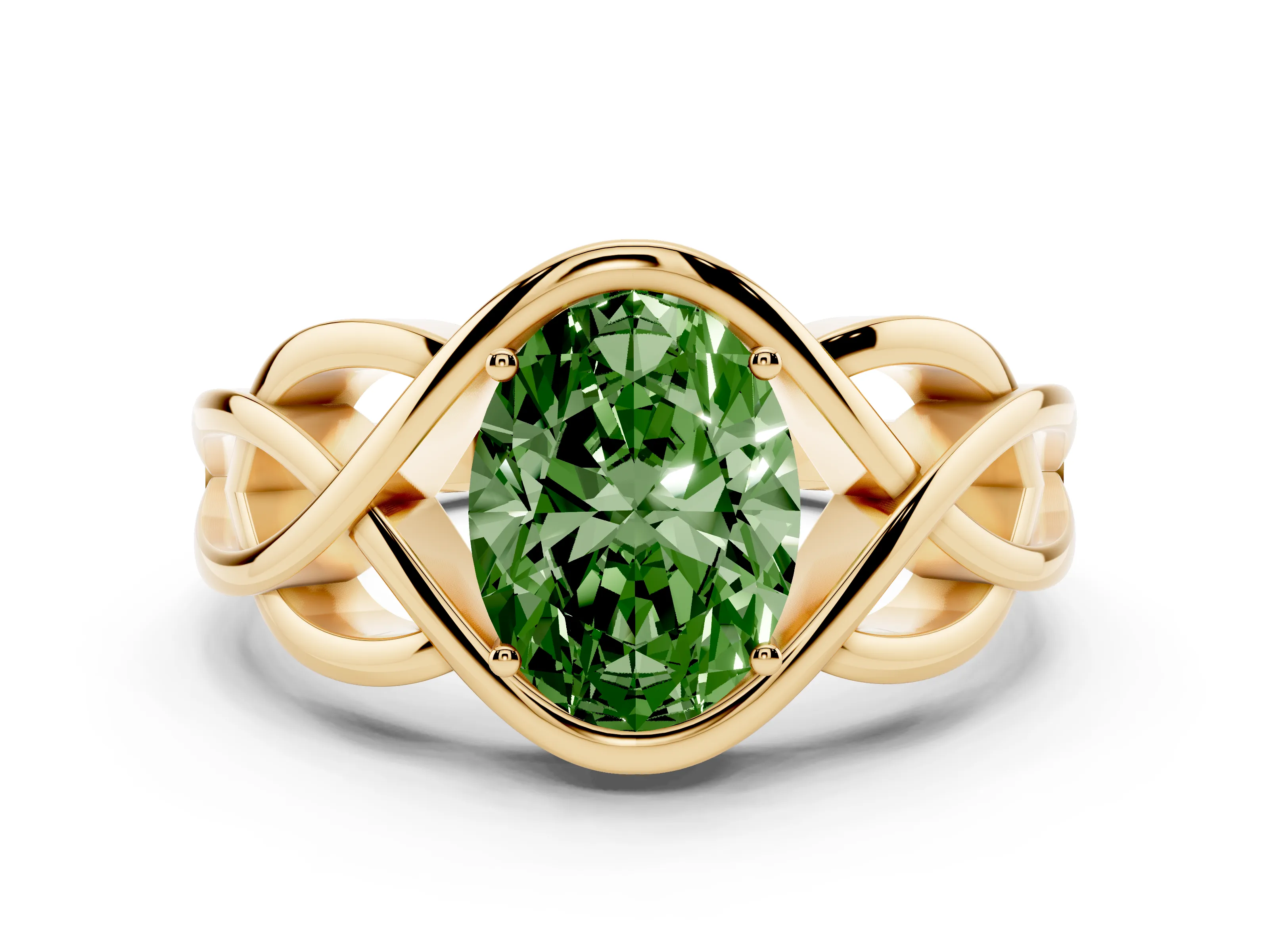 Fancy Green Oval Cut Diamond Solitaire Ring Set in Yellow gold with Intertwined Band