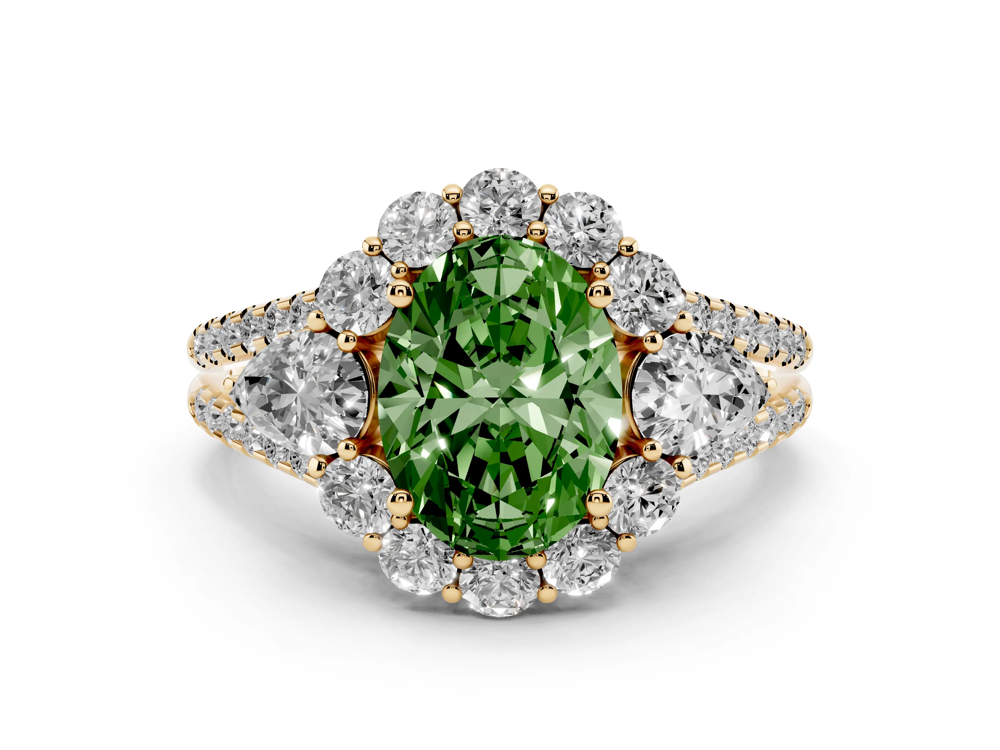 Fancy Green Oval Cut Diamond Halo Split Shank Engagement Ring Set in Yellow gold with Prong-Held Center Stone