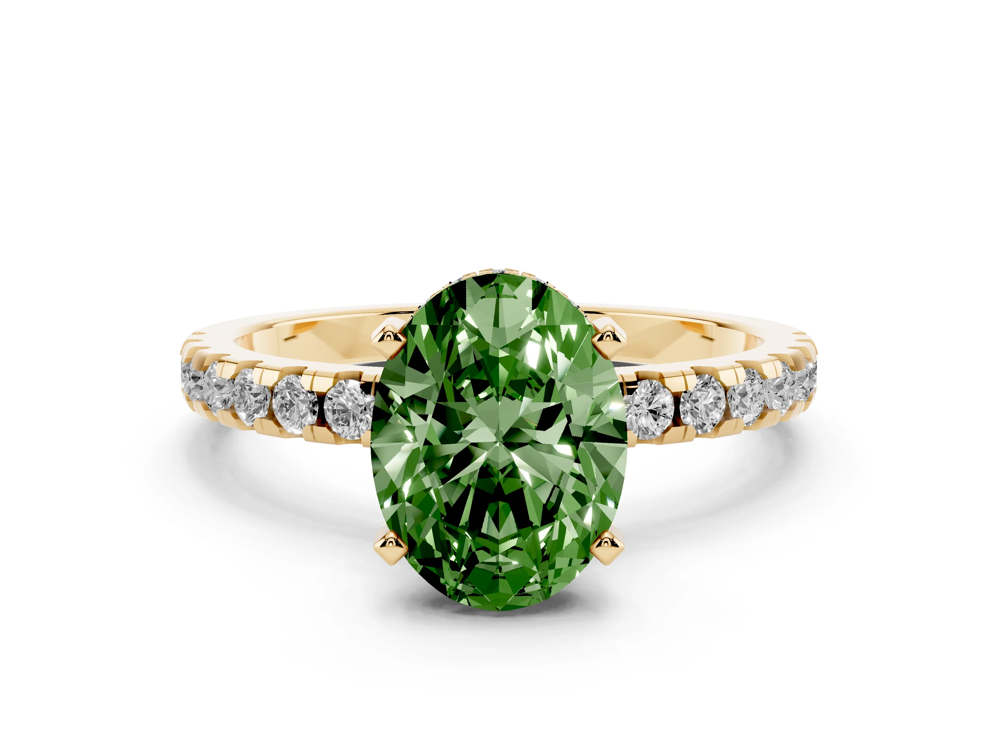 Fancy Green Oval Cut Diamond Pavé Solitaire Ring Set in Yellow gold with Round Band Accents and Prong Setting