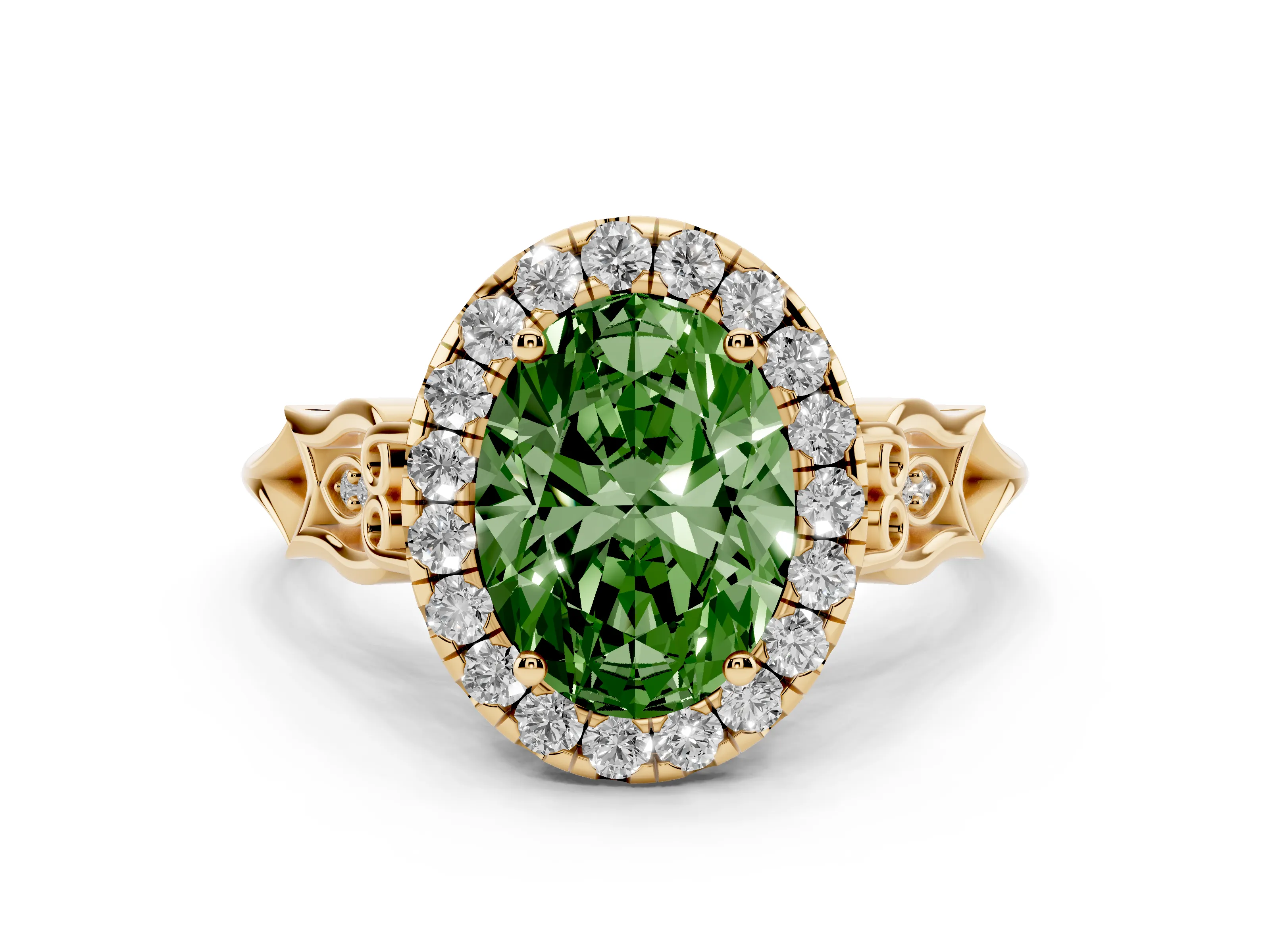 Fancy Green Oval Cut Diamond Halo Engagement Ring Set in Yellow gold with Filigree Band and Prong-Set Center