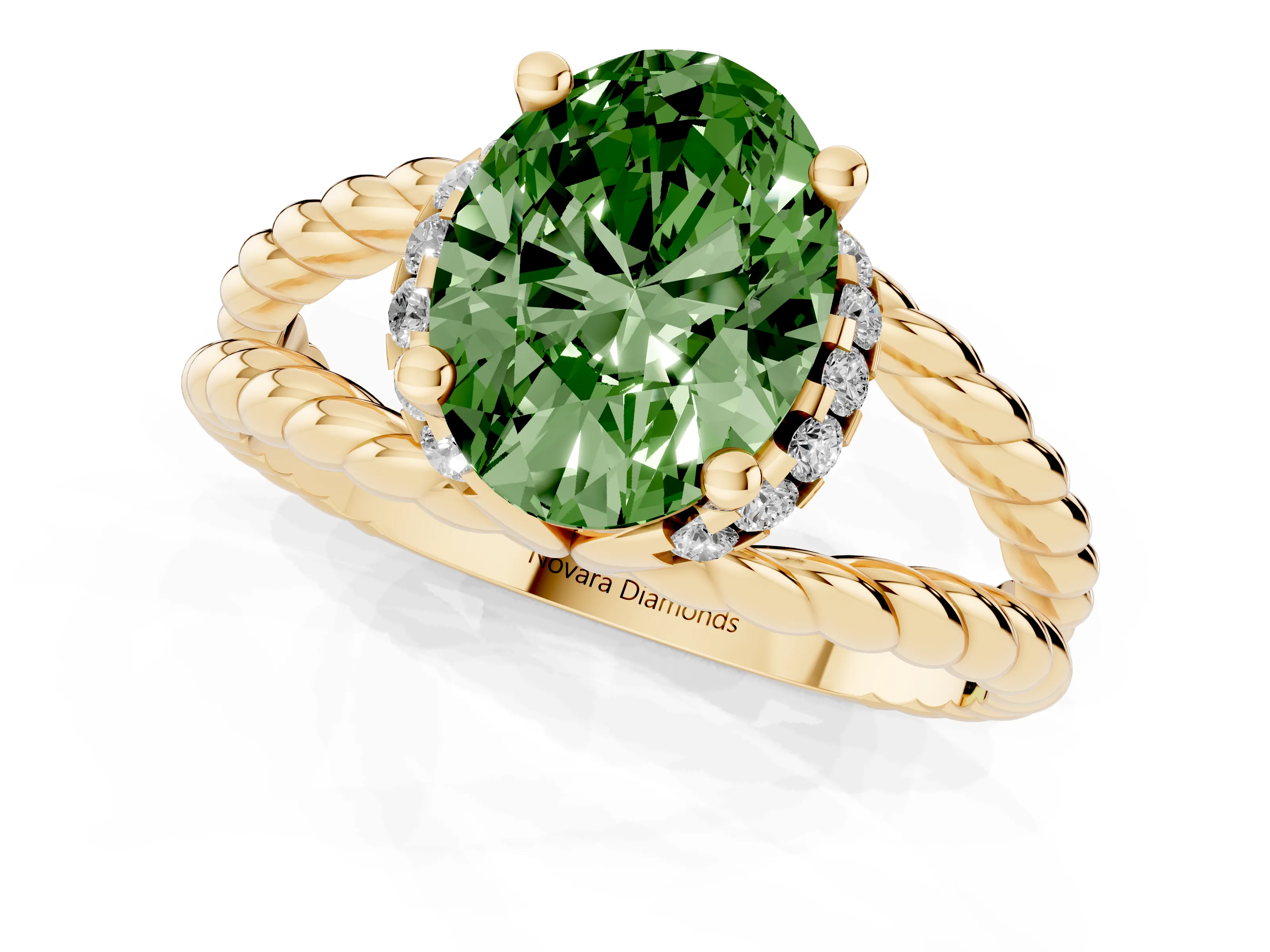 Fancy Green Oval Cut Diamond Halo Ring Set in Yellow gold with Twisted Band and Prong Setting