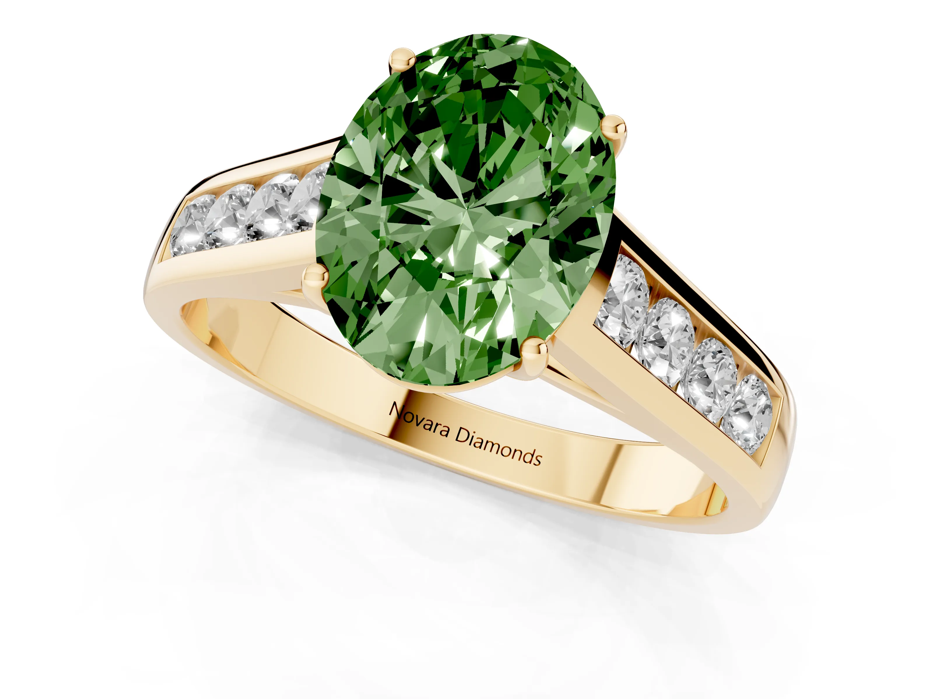 Fancy Green Oval Cut Diamond Solitaire Channel-Set Engagement Ring Set in Yellow gold with Prong Setting