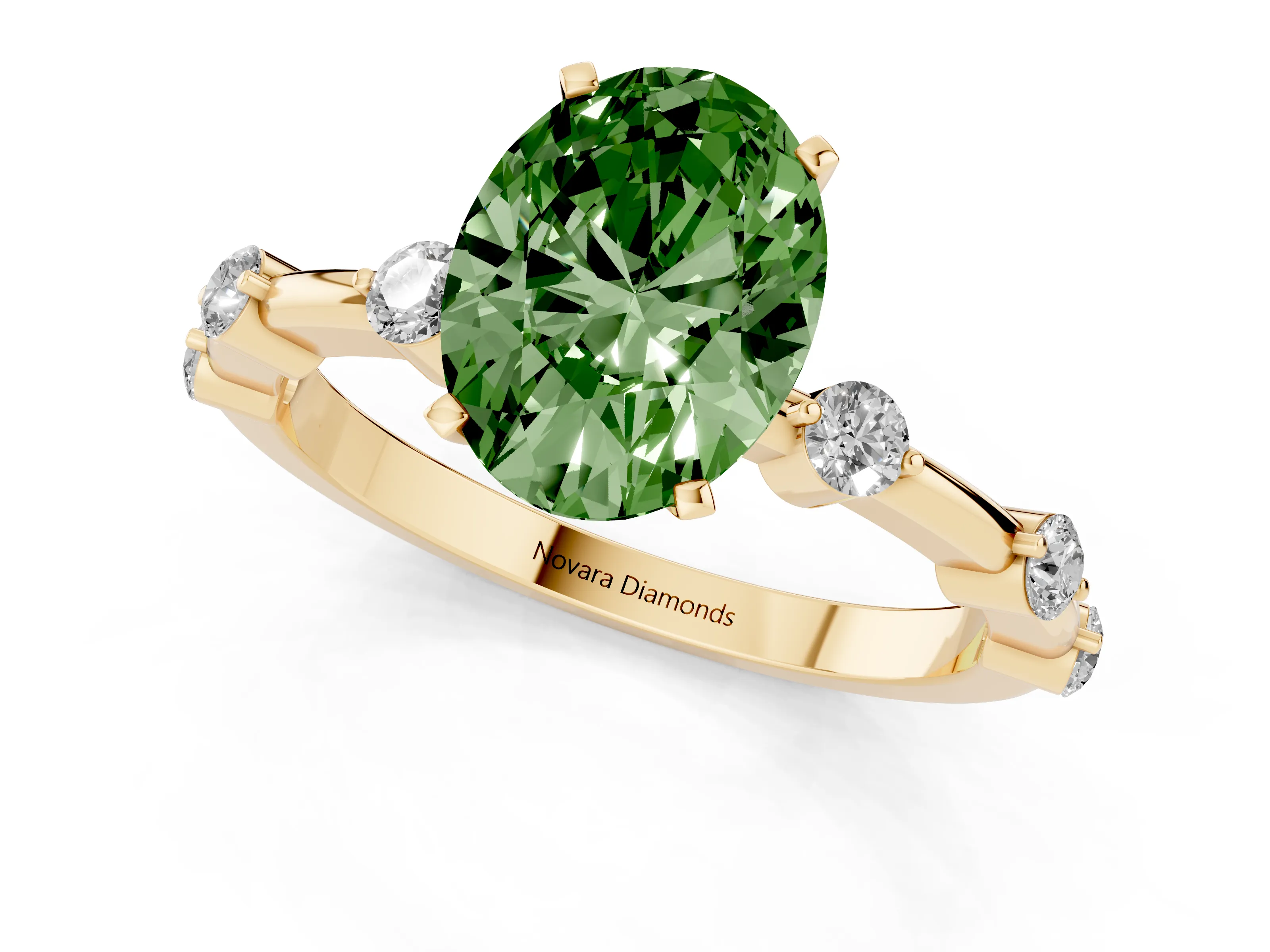 Fancy Green Oval Cut Diamond Solitaire Ring Set in Yellow gold with Bezel Set Side Stones and Prong Setting