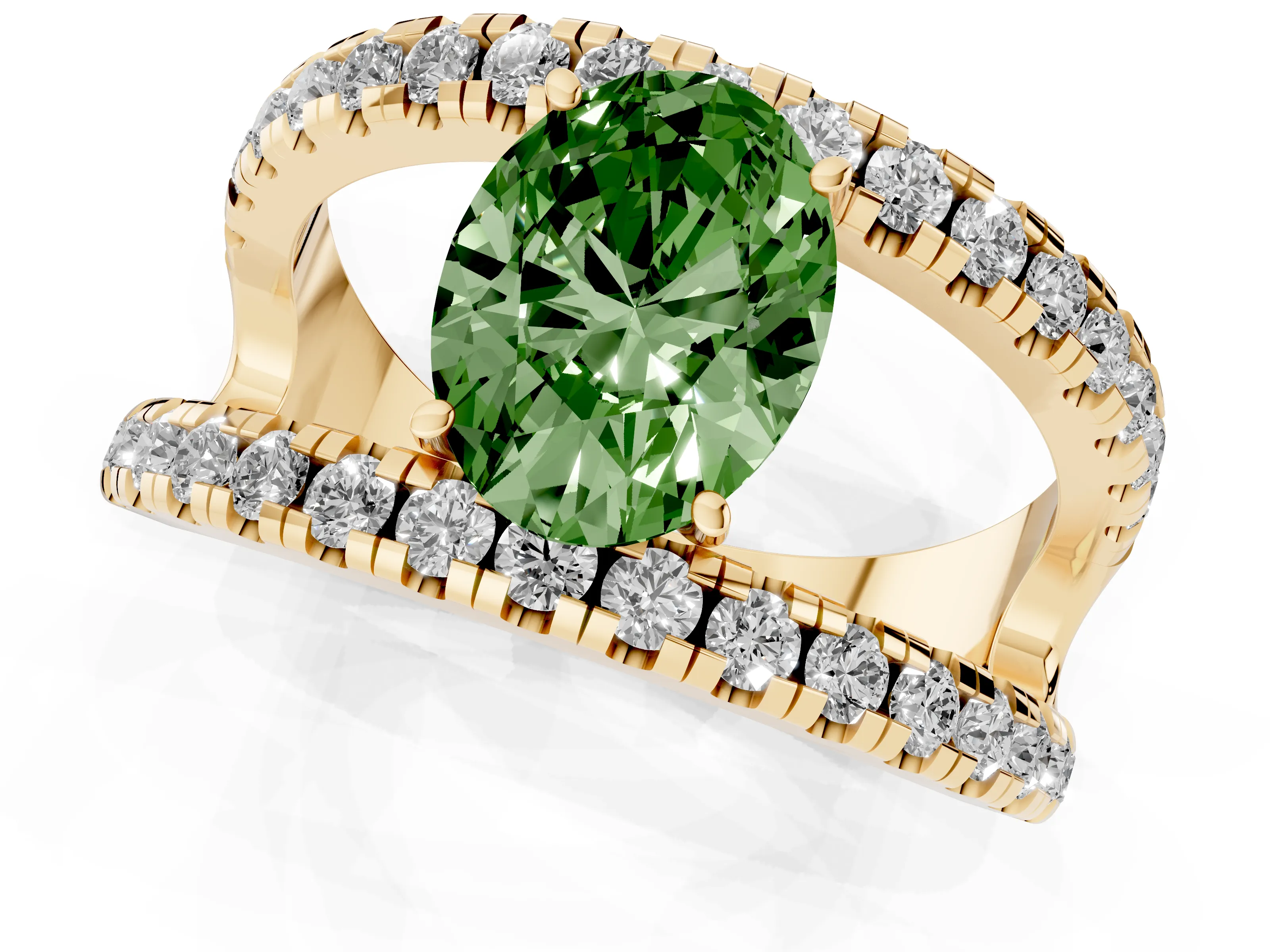 Fancy Green Oval Cut Diamond Split Shank Pavé Solitaire Ring Set in Yellow gold with Open Shank Design