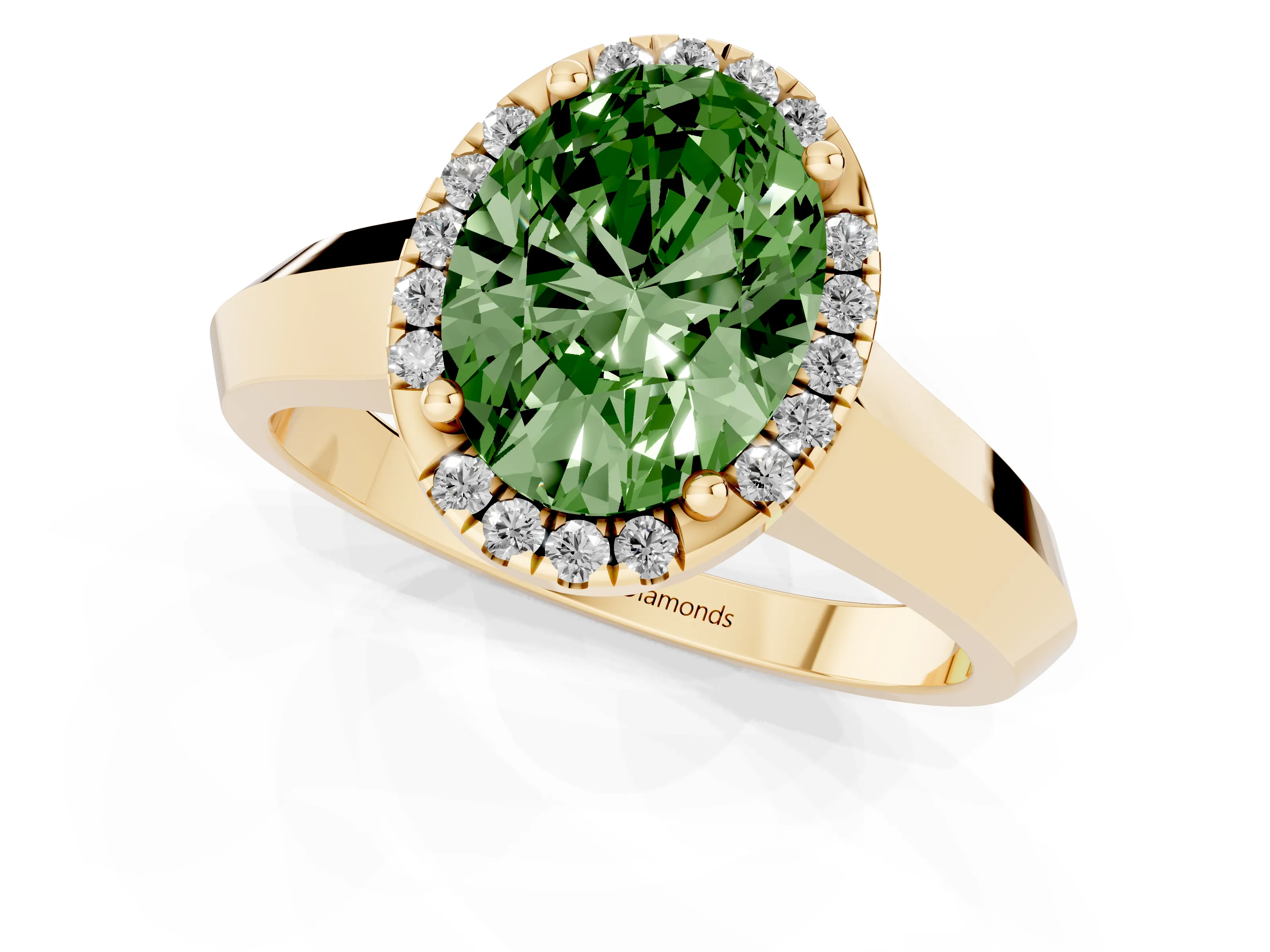 Fancy Green Oval Cut Diamond Halo Ring Set in Yellow gold with Cathedral Band and Prong Setting