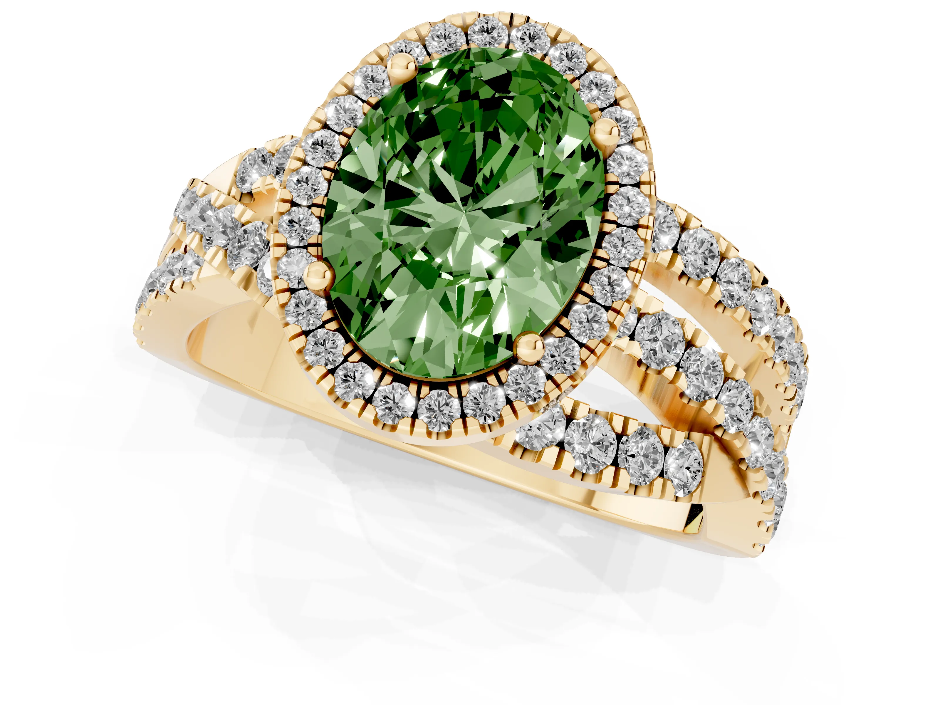 Fancy Green Oval Cut Diamond Halo Ring Set in Yellow gold with Round Crossover Split Shank and Prong Setting