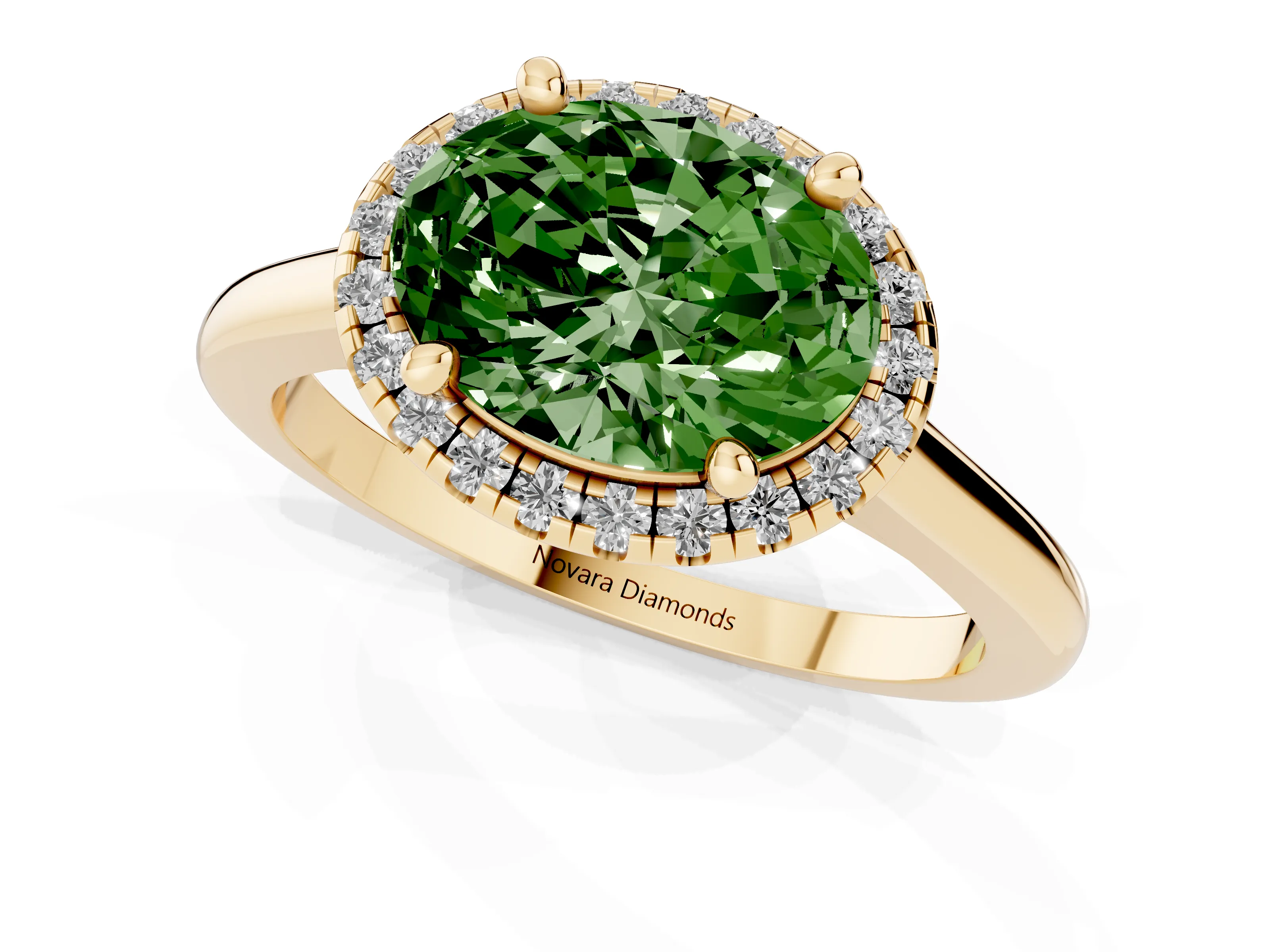 Fancy Green Oval Cut Diamond Halo Engagement Ring Set in Yellow gold with Pavé Band and Rising Shoulders