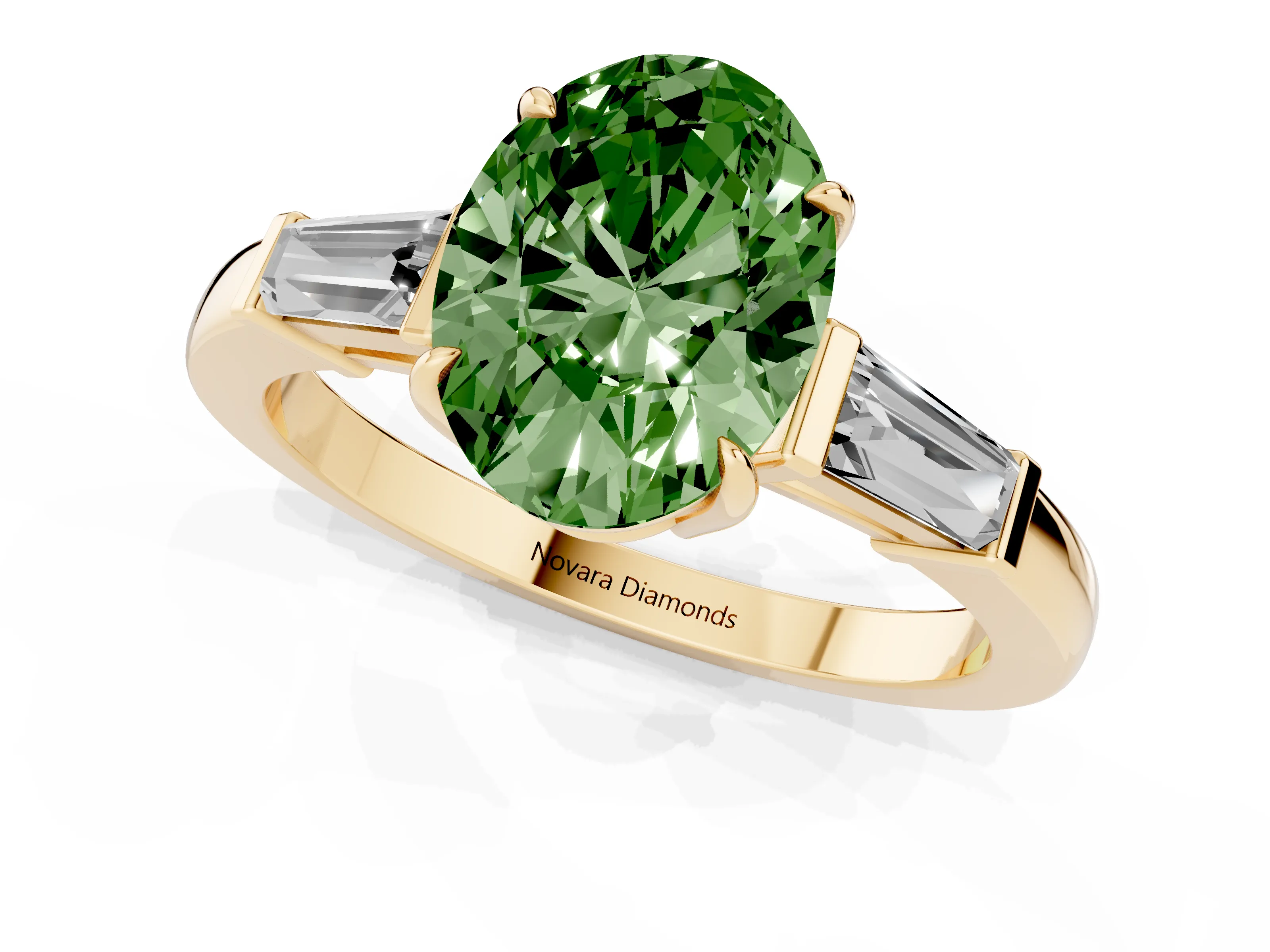 Fancy Green Oval Cut Diamond Three-Stone Ring Set in Yellow gold with Tapered Baguette Side Stones and Prong Setting