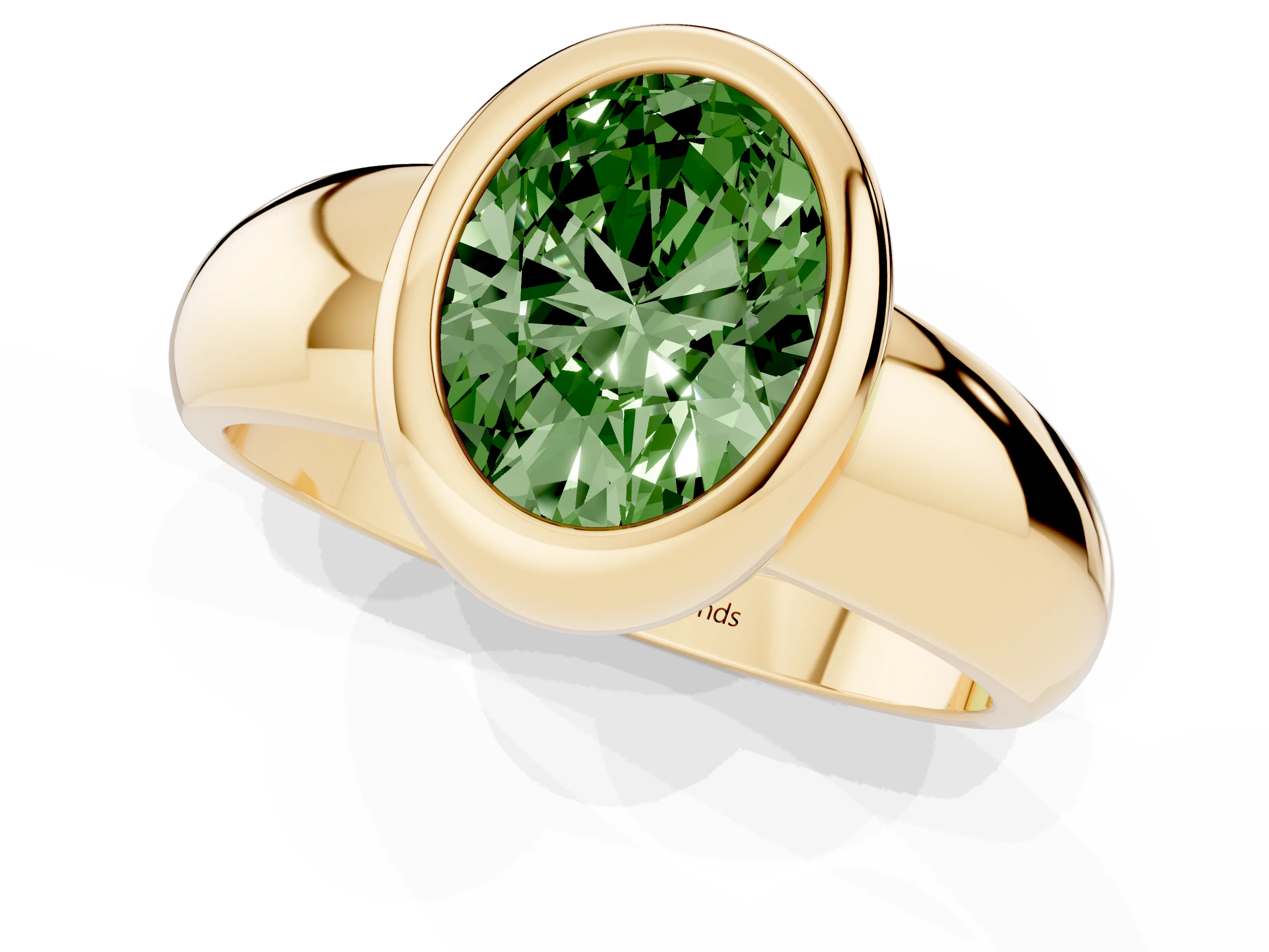 Fancy Green Bezel Set Oval Cut Diamond Solitaire Ring Set in Yellow gold with Wide Band
