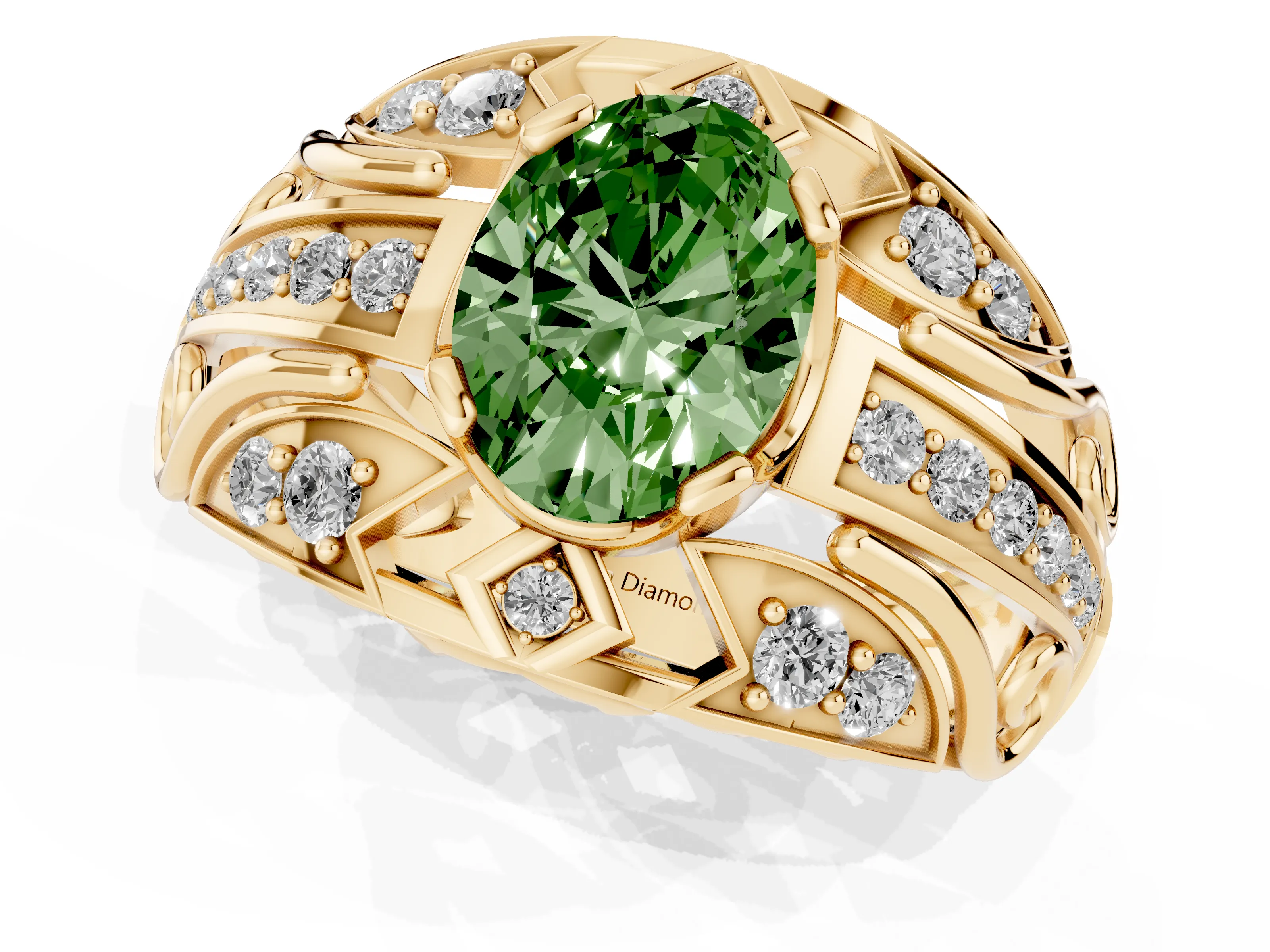 Fancy Green Oval Cut Diamond Art Deco Ring Set in Yellow gold with Pavé Split Shank