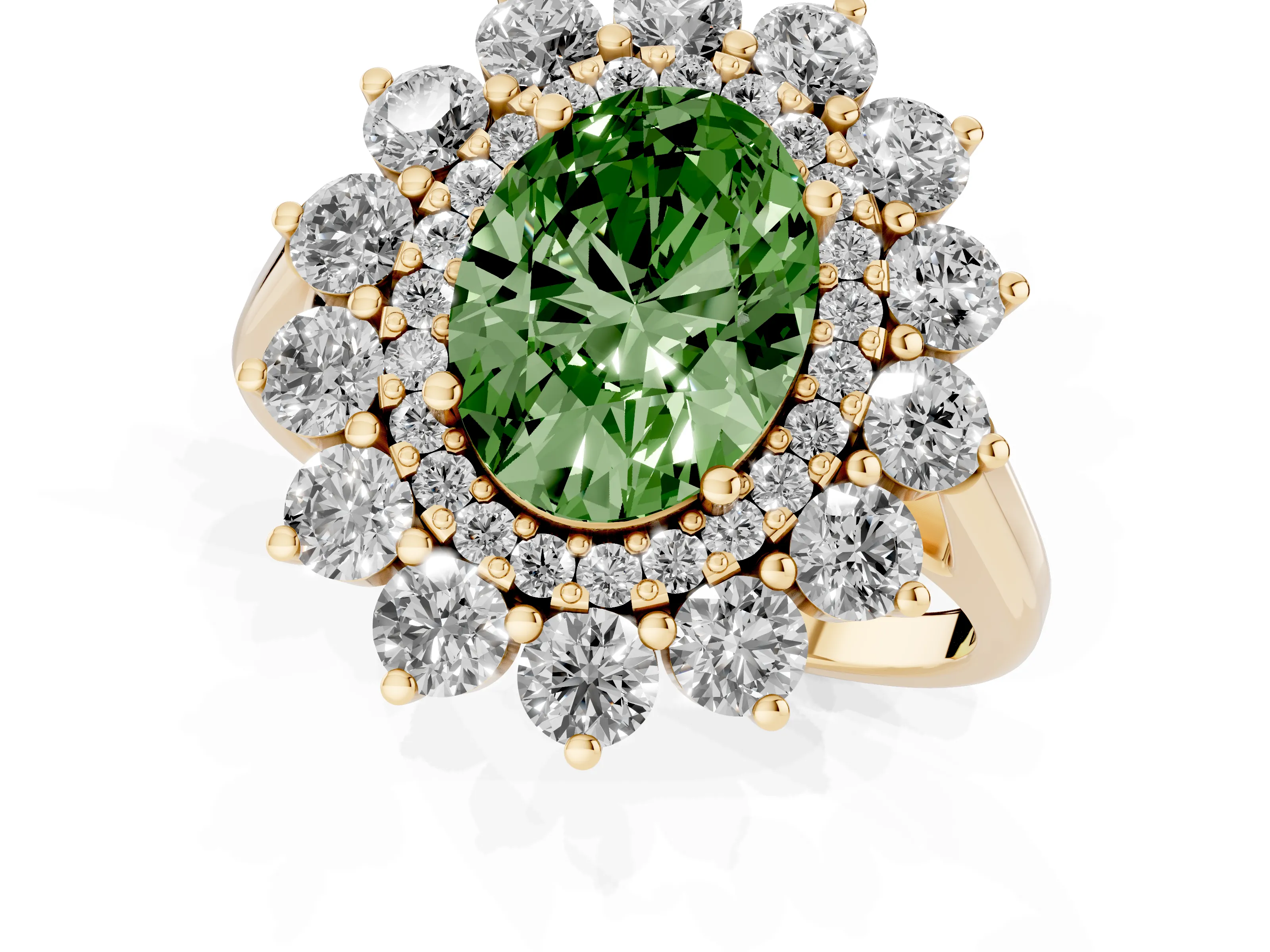 Fancy Green Oval Cut Diamond Floral Double Halo Ring Set in Yellow gold with Round Petals