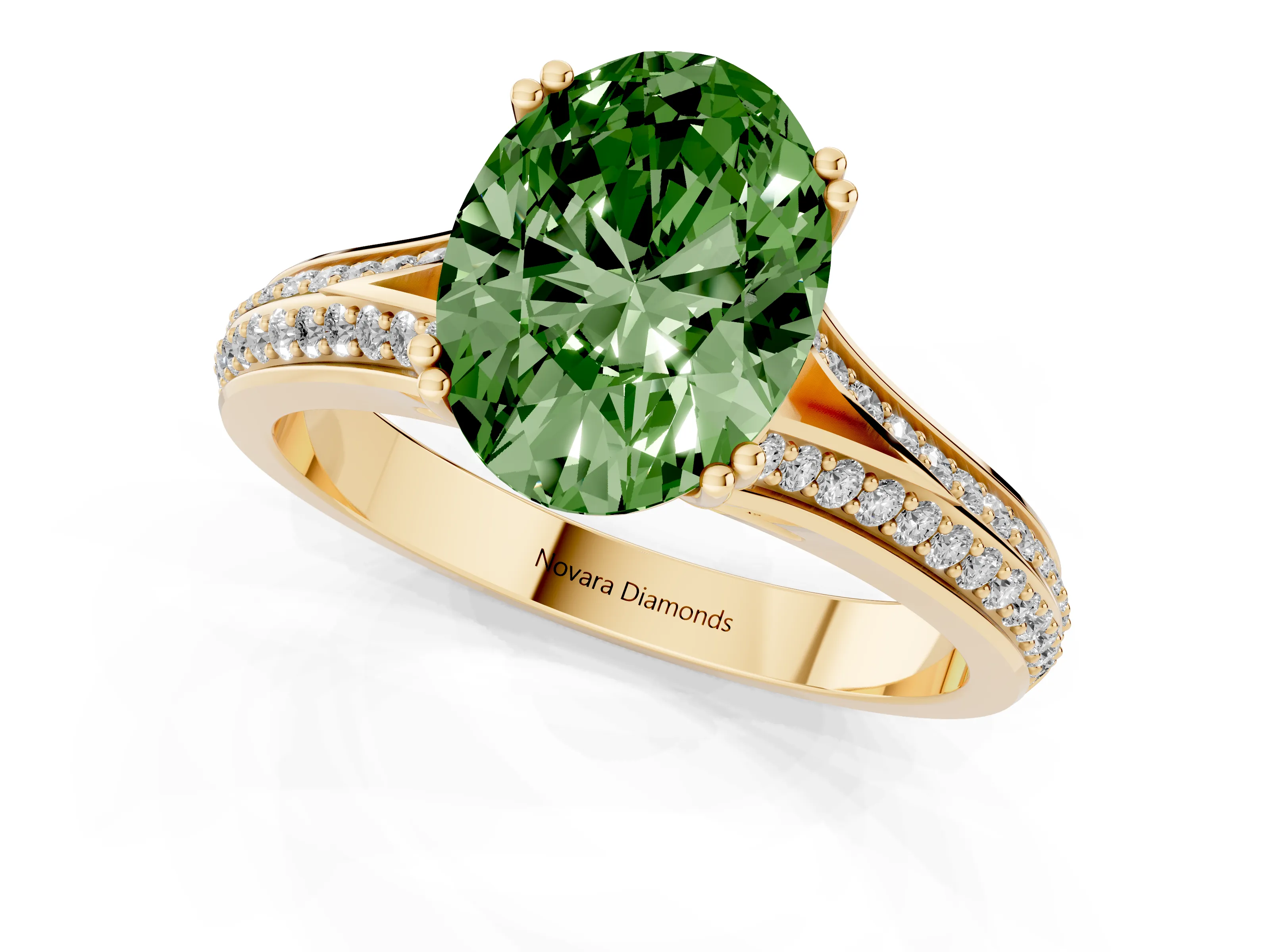 Fancy Green Oval Cut Diamond Split Shank Pavé Engagement Ring Set in Yellow gold with Prong-Set Center Stone